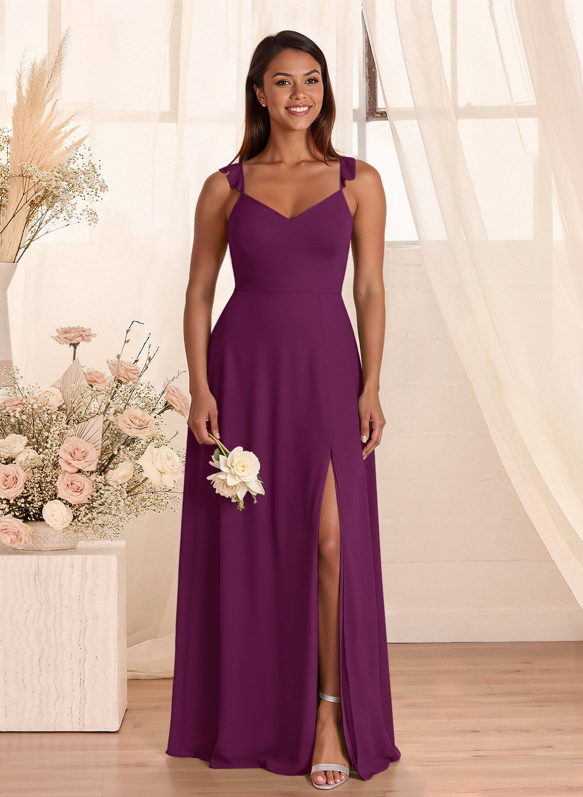 Simple V-Neck A-Line Floor-Length Chiffon Bridesmaid Dresses With Bow(s), product image 66