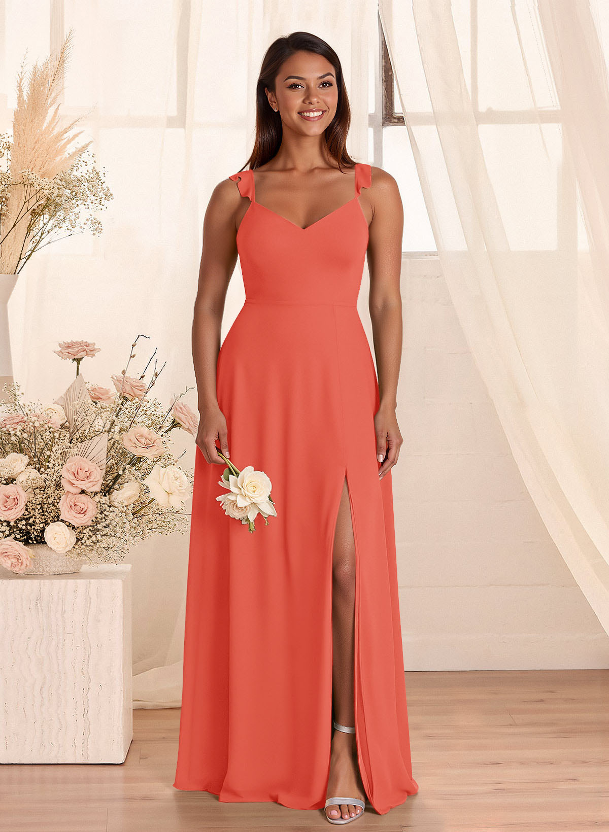 Simple V-Neck A-Line Floor-Length Chiffon Bridesmaid Dresses With Bow(s), product image 32