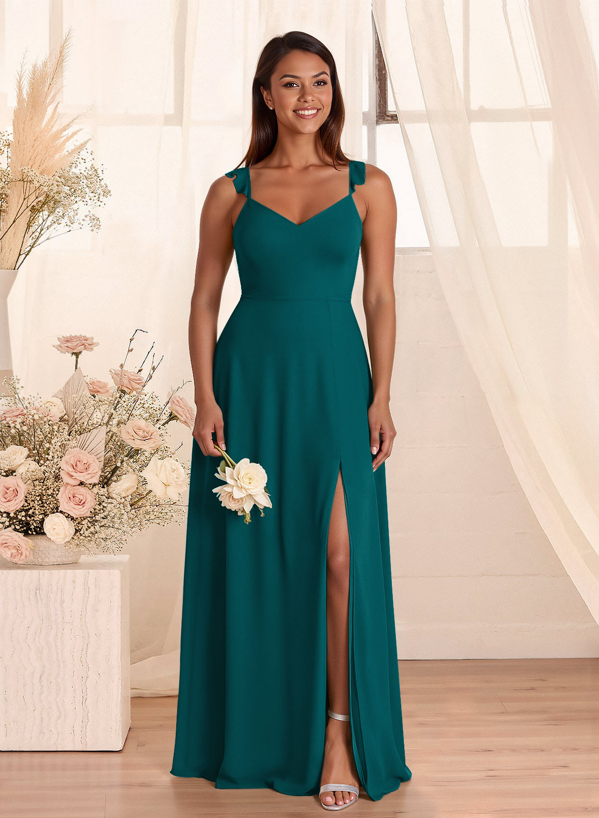 Simple V-Neck A-Line Floor-Length Chiffon Bridesmaid Dresses With Bow(s), product image 54