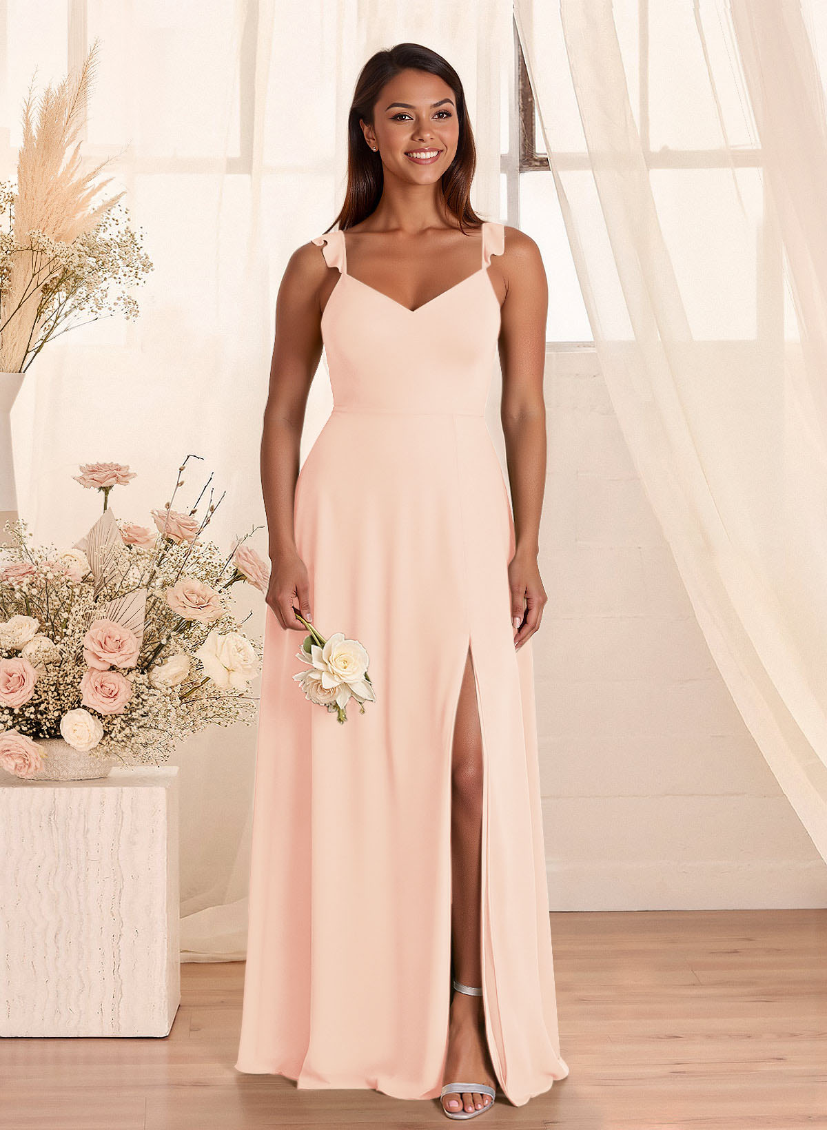 Simple V-Neck A-Line Floor-Length Chiffon Bridesmaid Dresses With Bow(s), product image 96