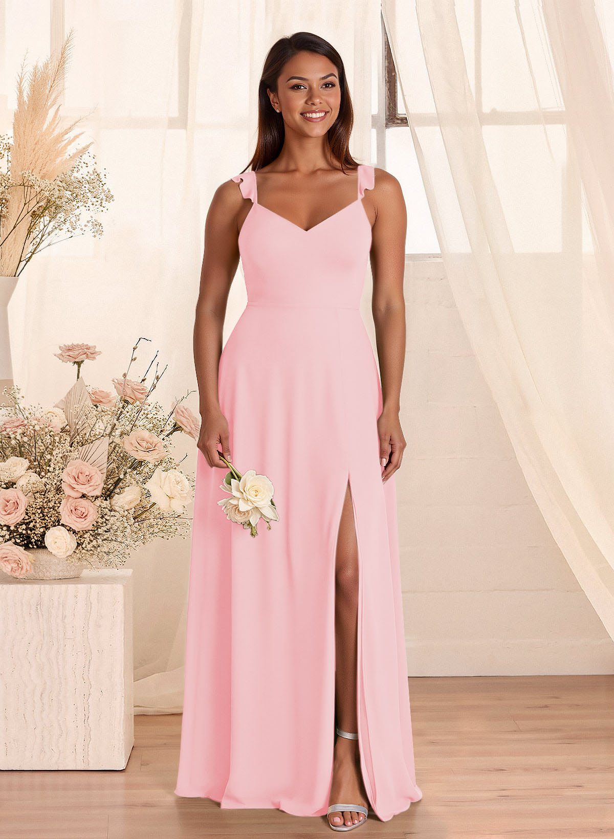 Simple V-Neck A-Line Floor-Length Chiffon Bridesmaid Dresses With Bow(s), product image 92