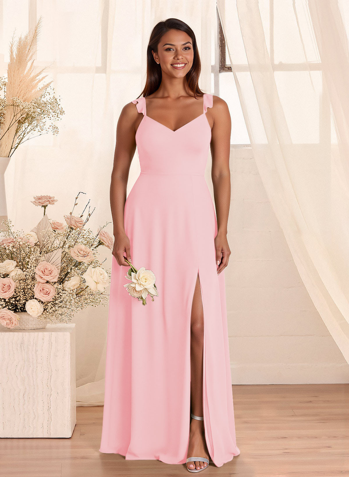 Simple V-Neck A-Line Floor-Length Chiffon Bridesmaid Dresses With Bow(s), product image 92