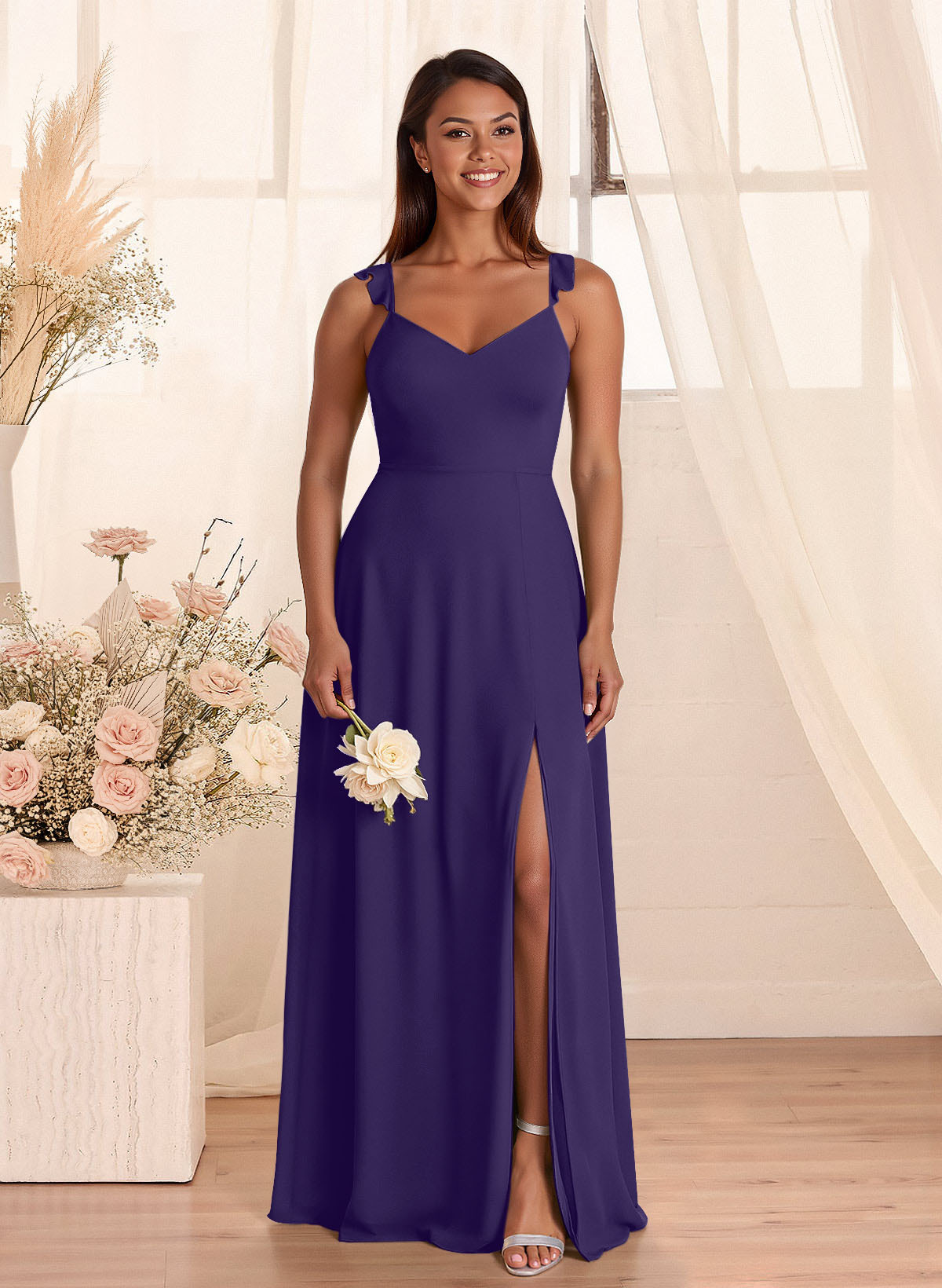 Simple V-Neck A-Line Floor-Length Chiffon Bridesmaid Dresses With Bow(s), product image 60