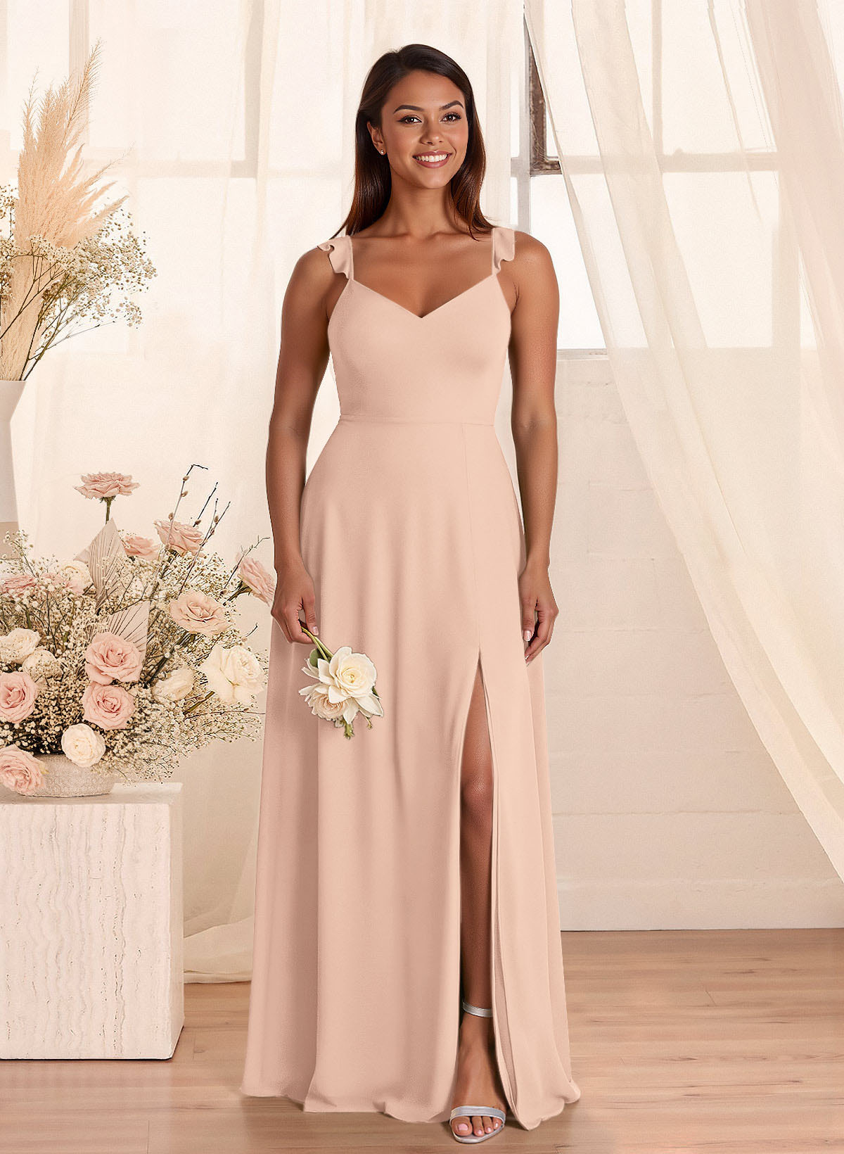 Simple V-Neck A-Line Floor-Length Chiffon Bridesmaid Dresses With Bow(s), product image 14