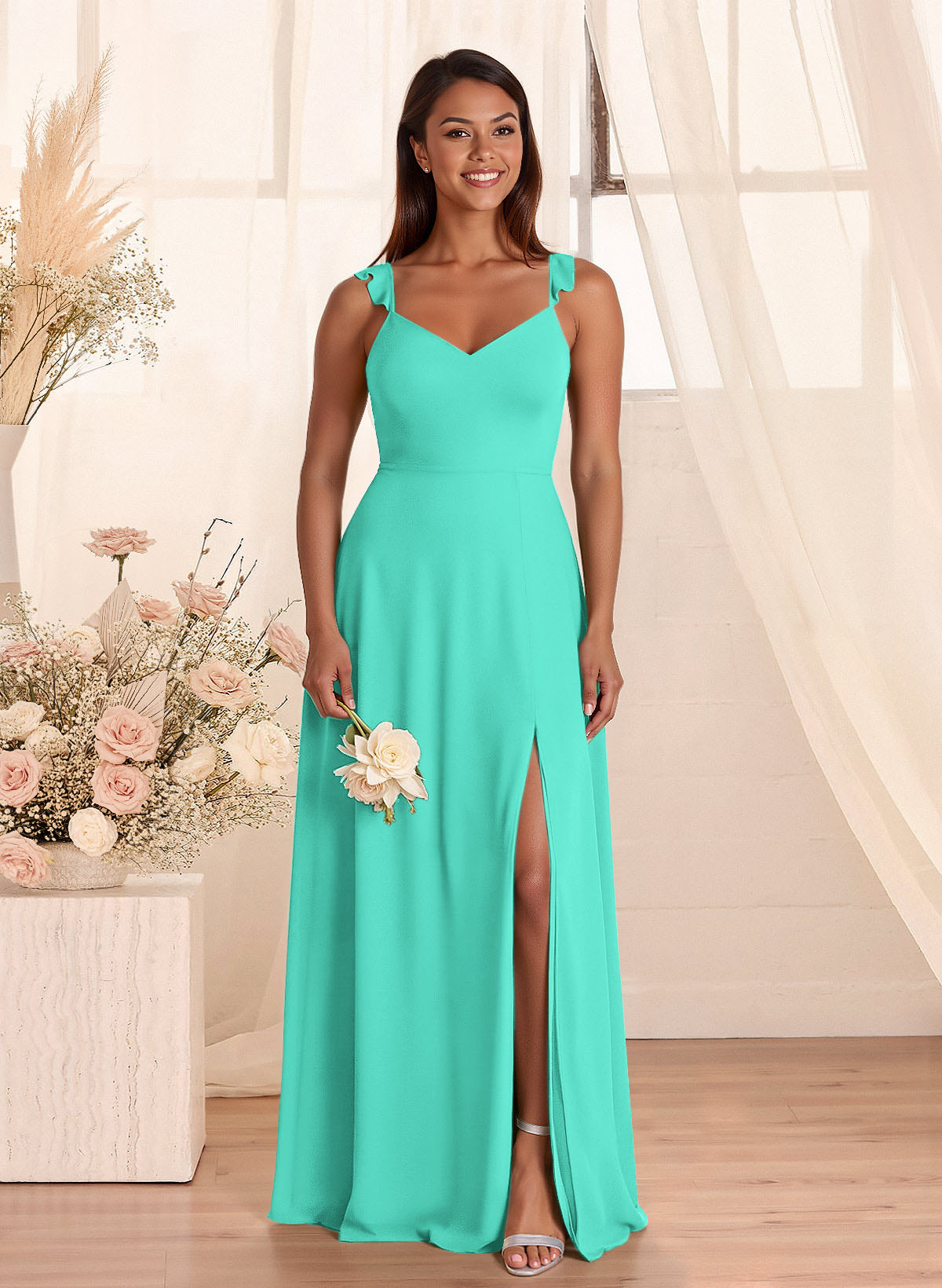 Simple V-Neck A-Line Floor-Length Chiffon Bridesmaid Dresses With Bow(s), product image 44