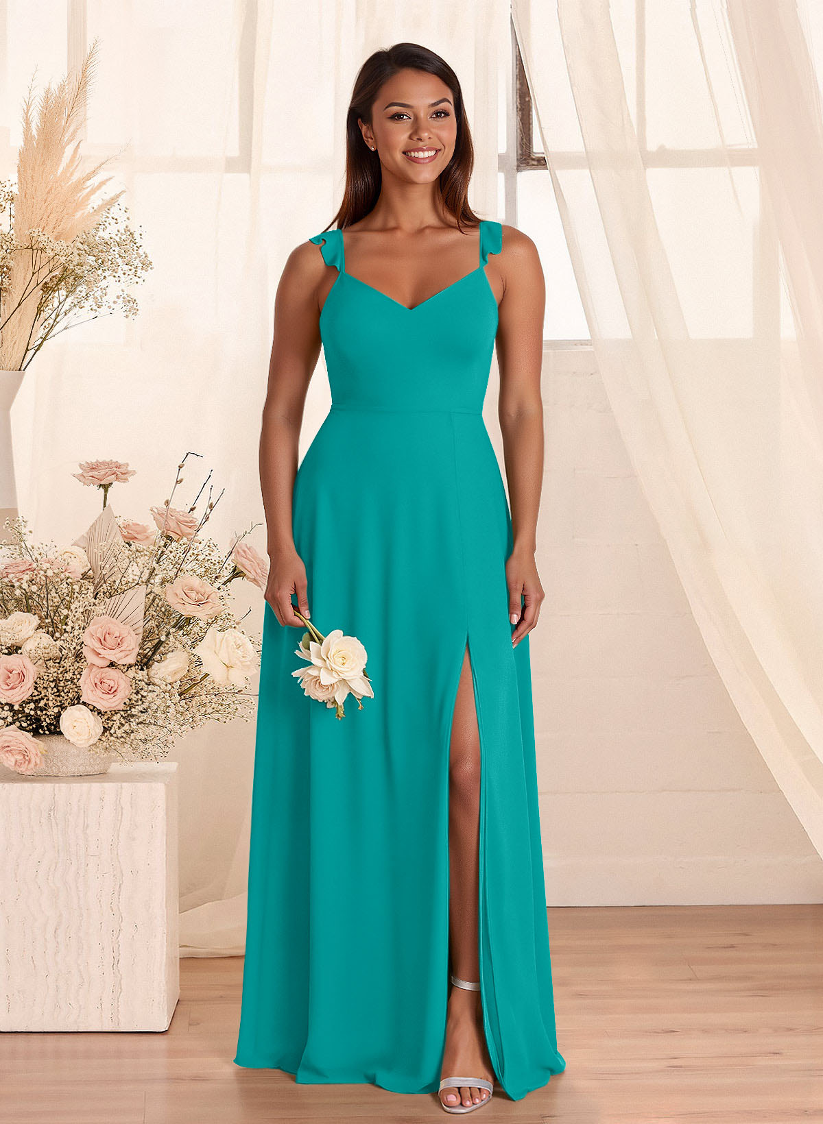 Simple V-Neck A-Line Floor-Length Chiffon Bridesmaid Dresses With Bow(s), product image 4