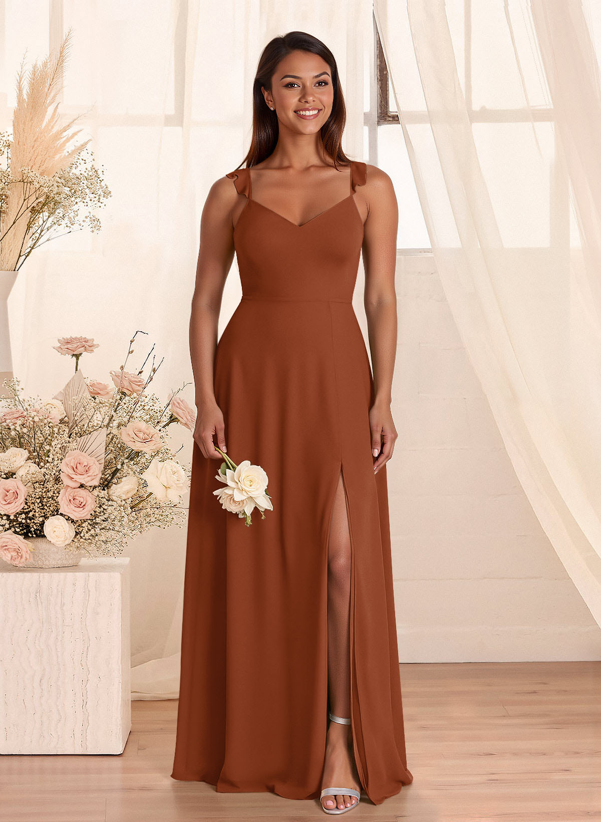 Simple V-Neck A-Line Floor-Length Chiffon Bridesmaid Dresses With Bow(s), product image 6