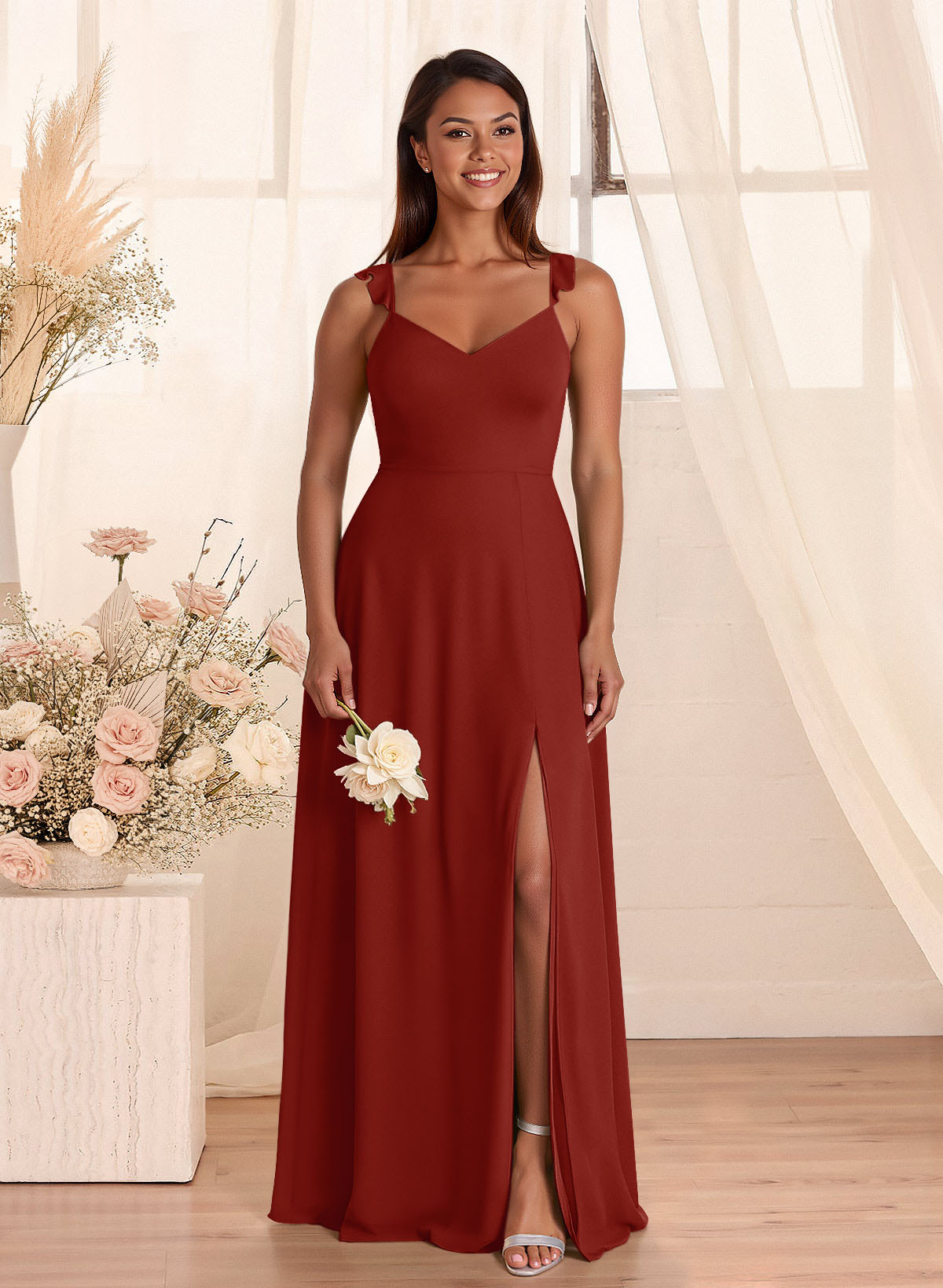 Simple V-Neck A-Line Floor-Length Chiffon Bridesmaid Dresses With Bow(s), product image 102