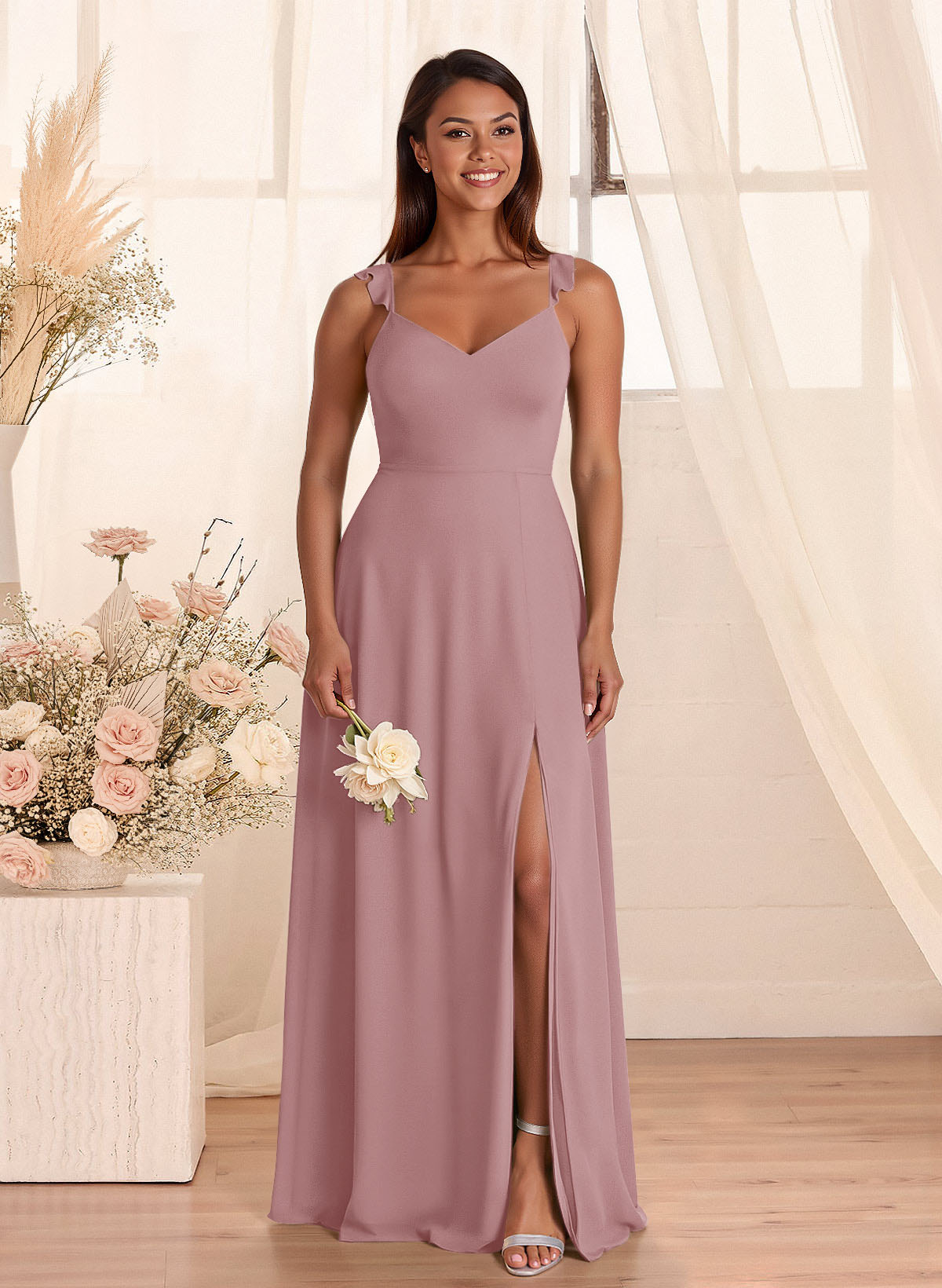 Simple V-Neck A-Line Floor-Length Chiffon Bridesmaid Dresses With Bow(s), product image 80