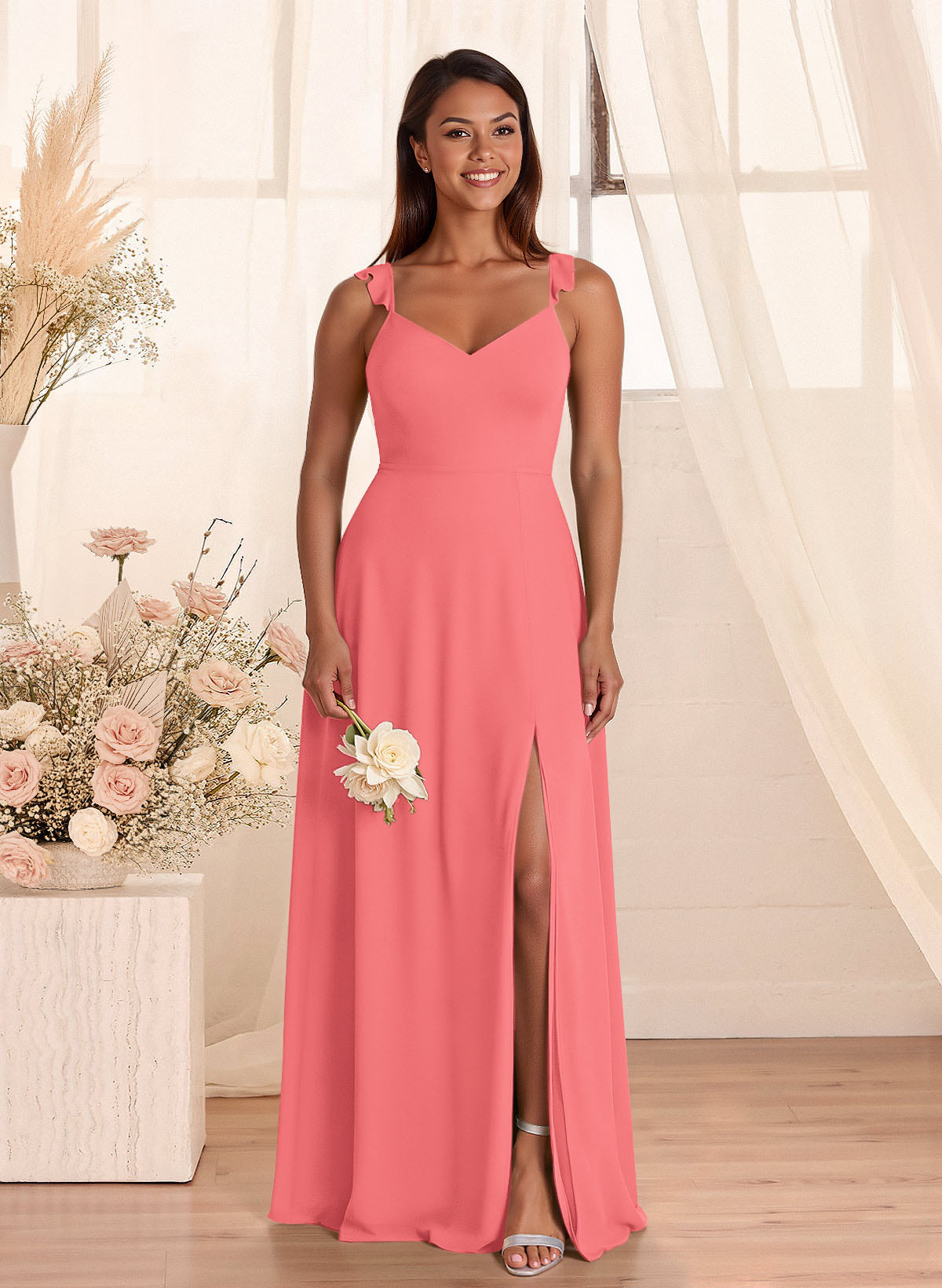 Simple V-Neck A-Line Floor-Length Chiffon Bridesmaid Dresses With Bow(s), product image 100