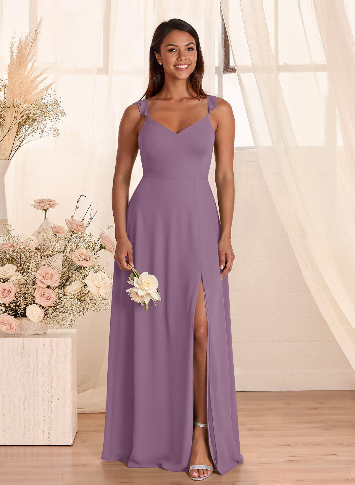 Simple V-Neck A-Line Floor-Length Chiffon Bridesmaid Dresses With Bow(s), product image 82