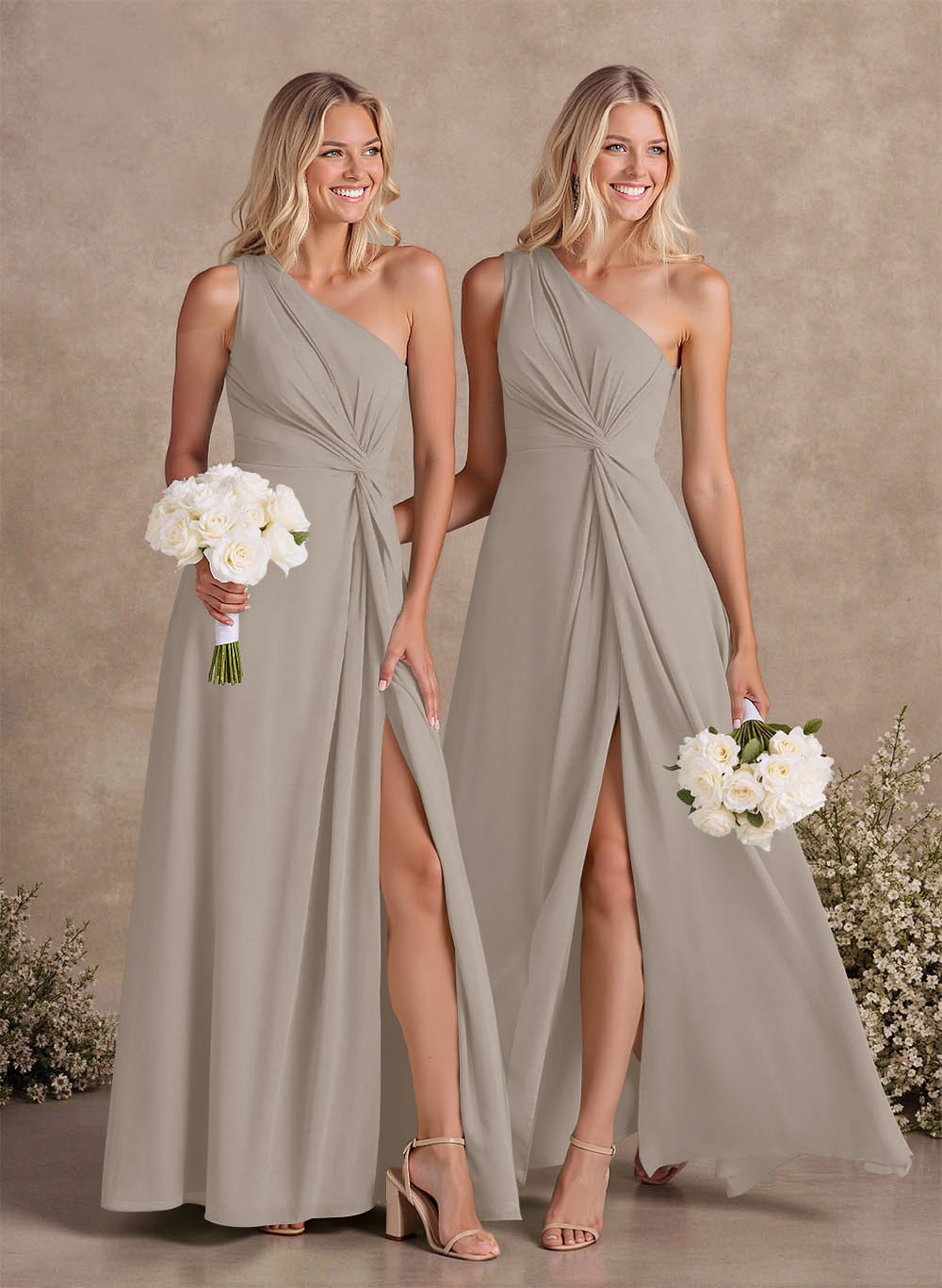 Modest One-Shoulder Sleeveless Chiffon Bridesmaid Dresses With Twisted Knot, product image 17