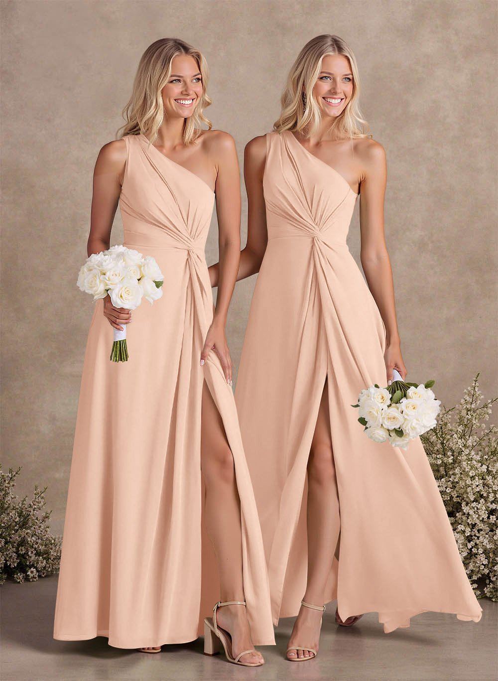 Modest One-Shoulder Sleeveless Chiffon Bridesmaid Dresses With Twisted Knot, product image 13