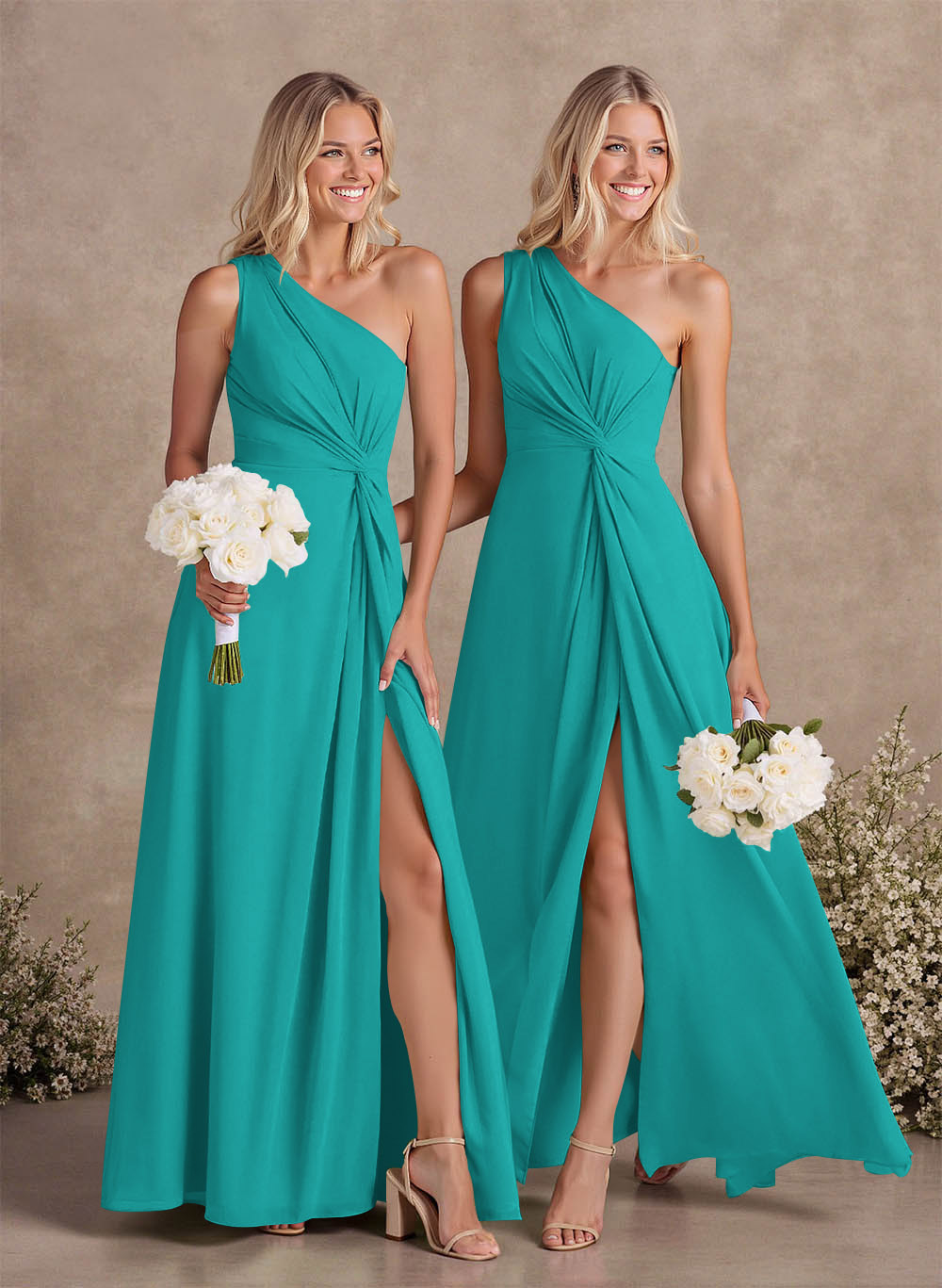 Modest One-Shoulder Sleeveless Chiffon Bridesmaid Dresses With Twisted Knot, product image 3