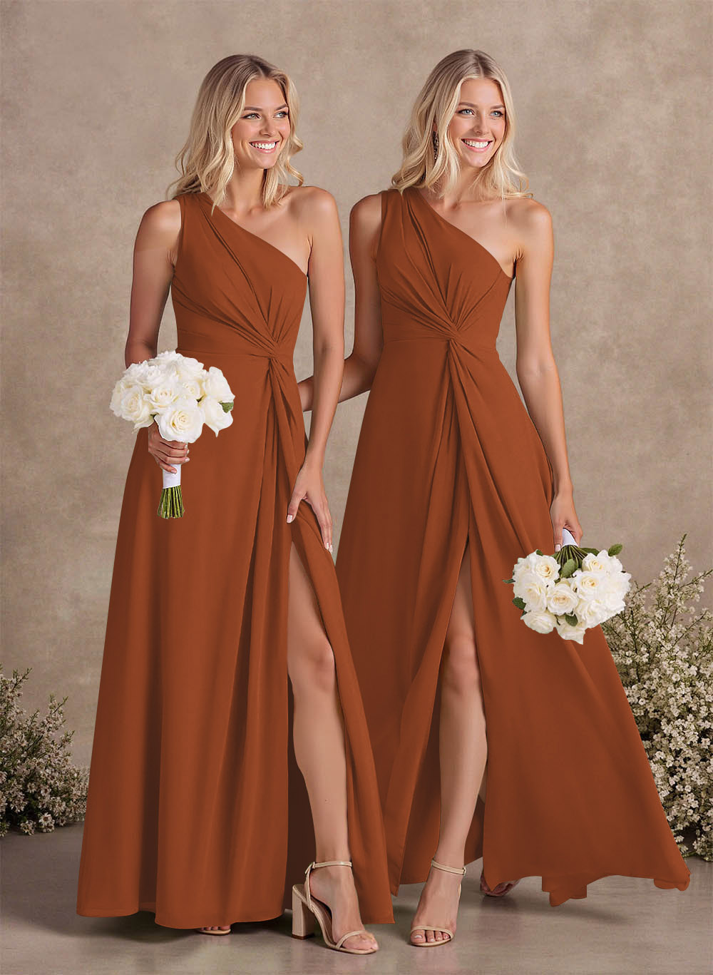 Modest One-Shoulder Sleeveless Chiffon Bridesmaid Dresses With Twisted Knot, product image 5