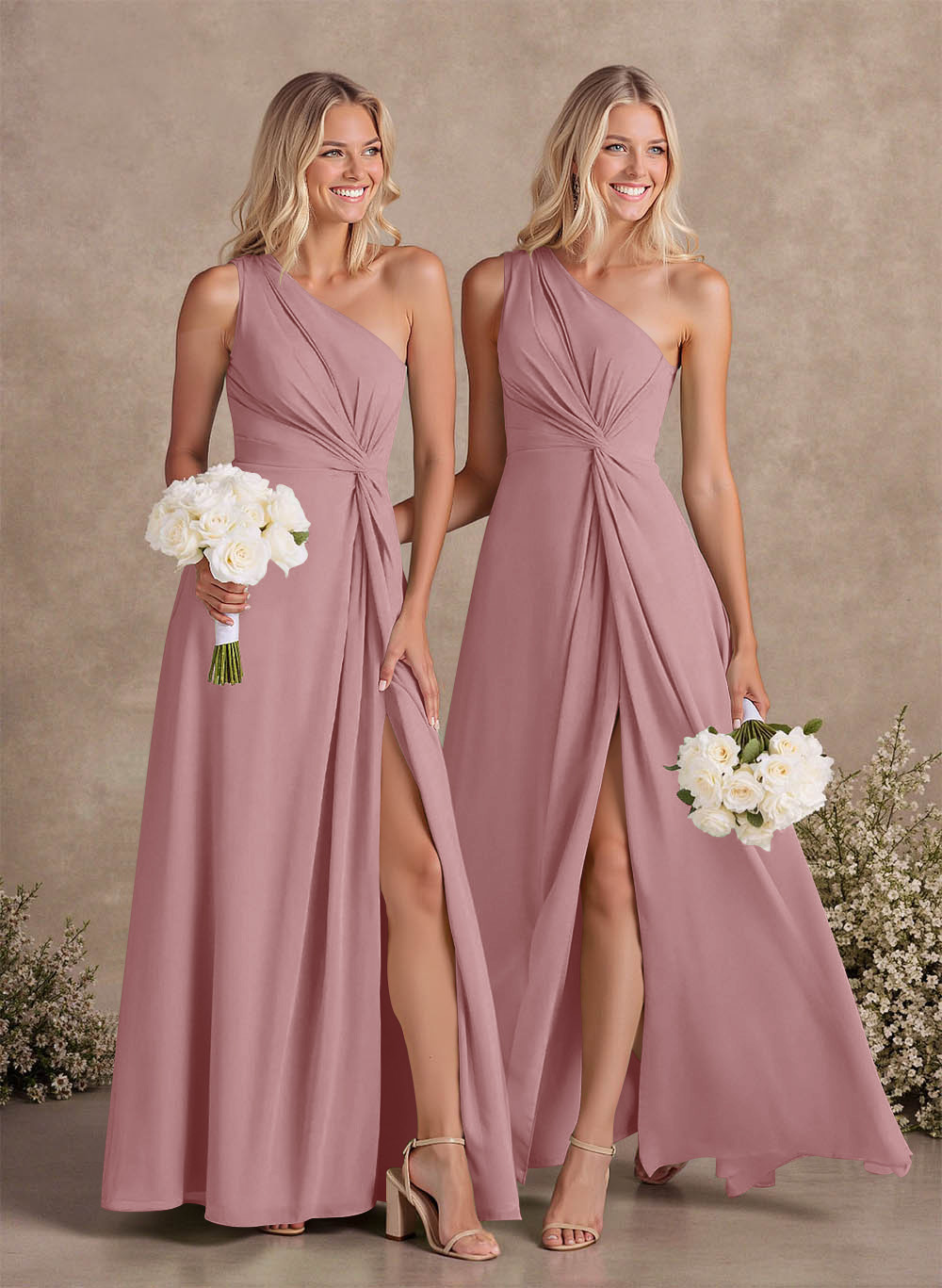 Modest One-Shoulder Sleeveless Chiffon Bridesmaid Dresses With Twisted Knot, product image 79