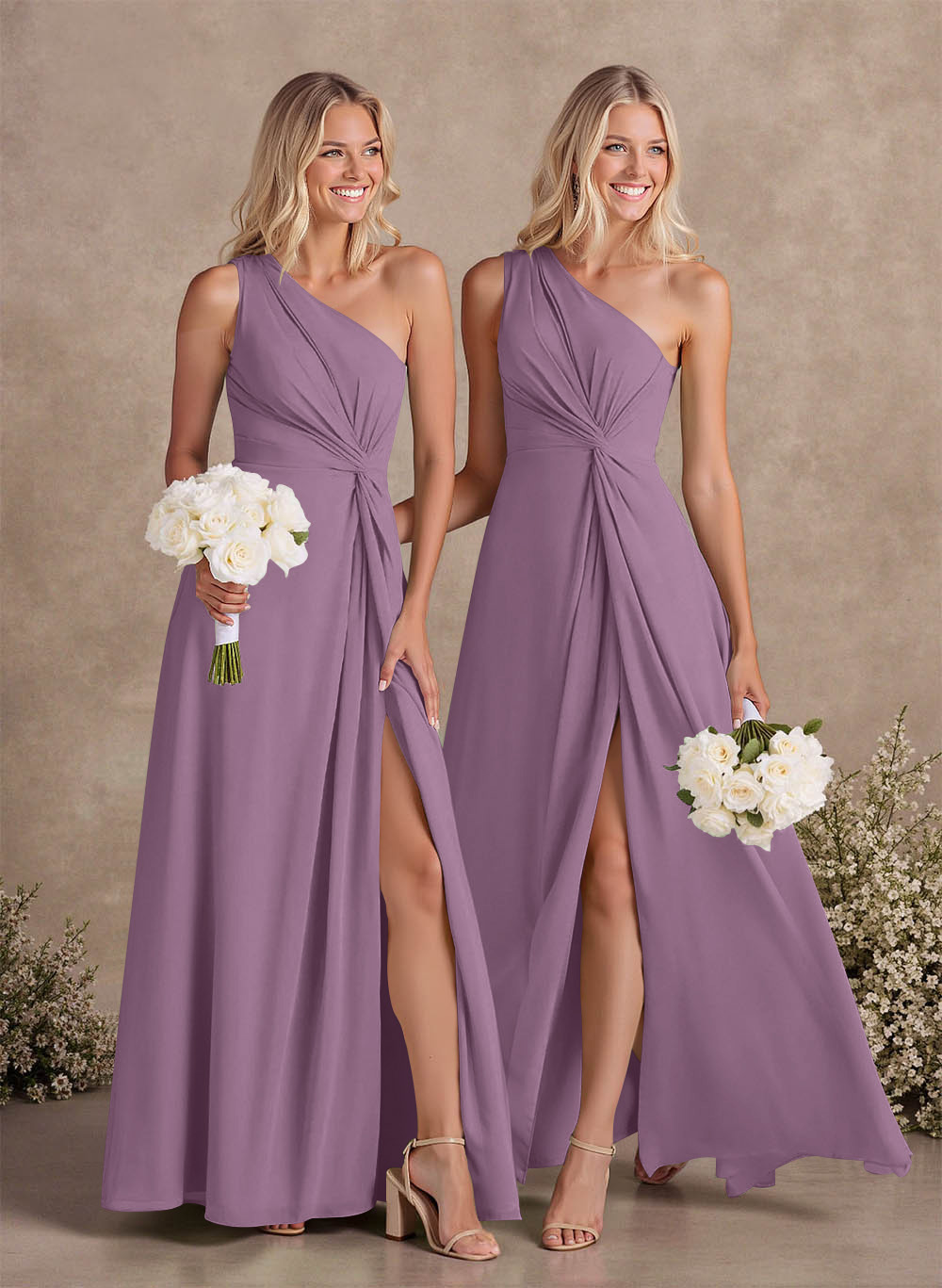 Modest One-Shoulder Sleeveless Chiffon Bridesmaid Dresses With Twisted Knot, product image 81