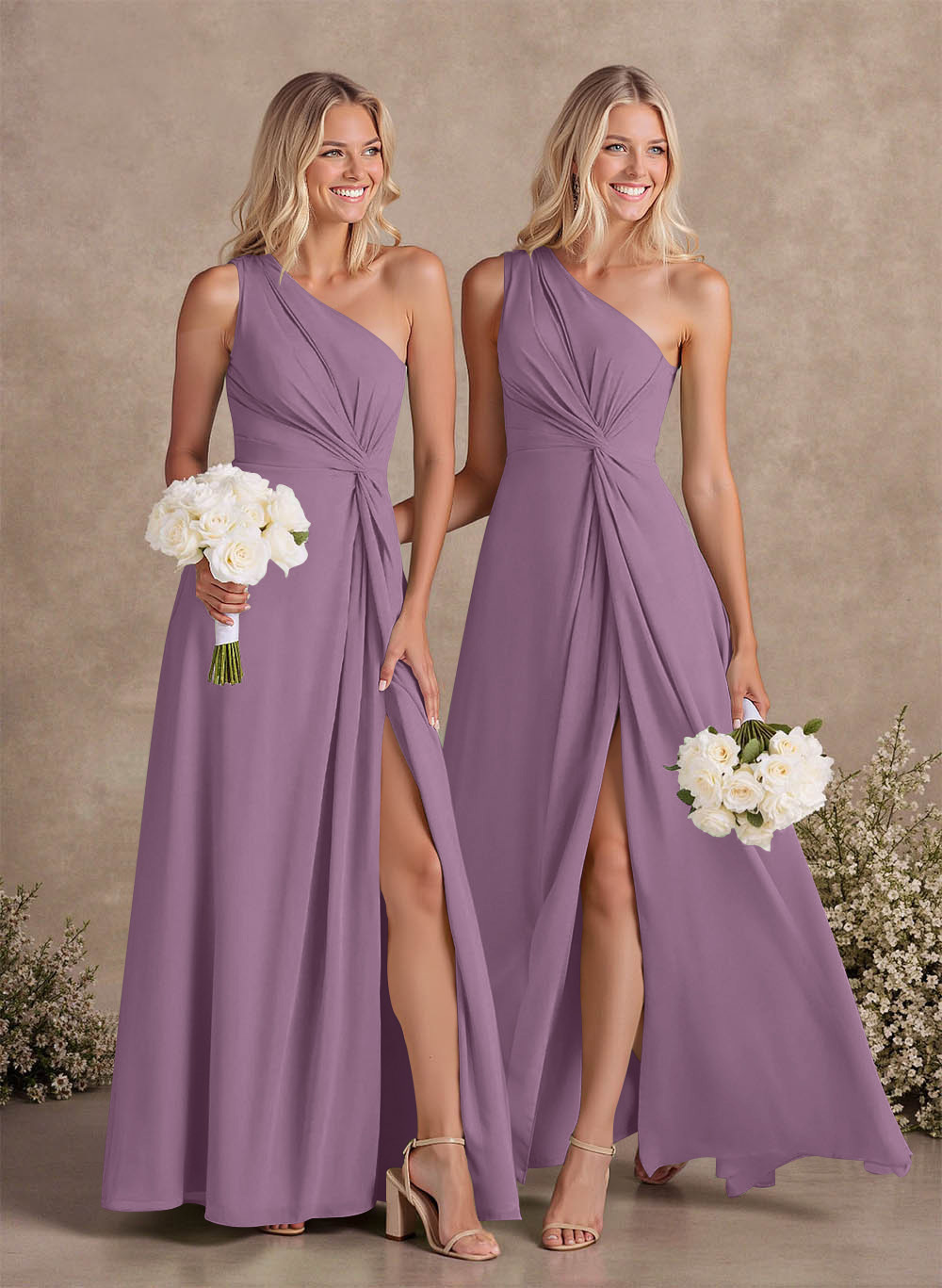 Modest One-Shoulder Sleeveless Chiffon Bridesmaid Dresses With Twisted Knot, product image 81