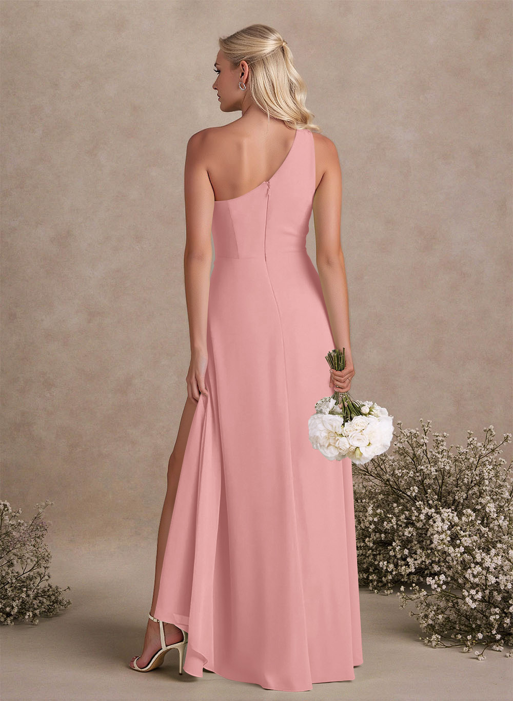Modest One-Shoulder Sleeveless Chiffon Bridesmaid Dresses With Twisted Knot, product image 97