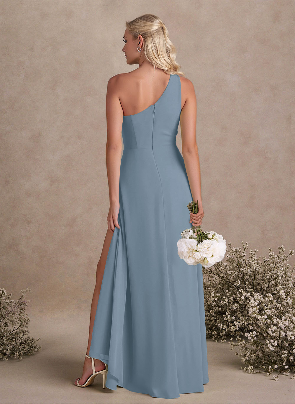 Modest One-Shoulder Sleeveless Chiffon Bridesmaid Dresses With Twisted Knot, product image 135