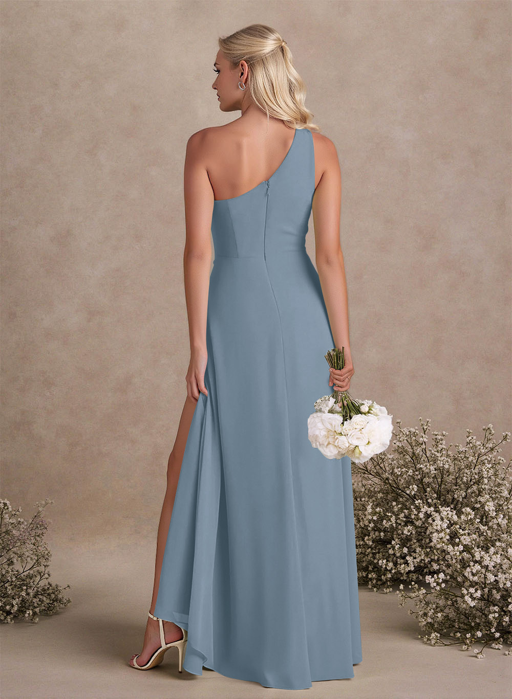 Modest One-Shoulder Sleeveless Chiffon Bridesmaid Dresses With Twisted Knot, product image 135