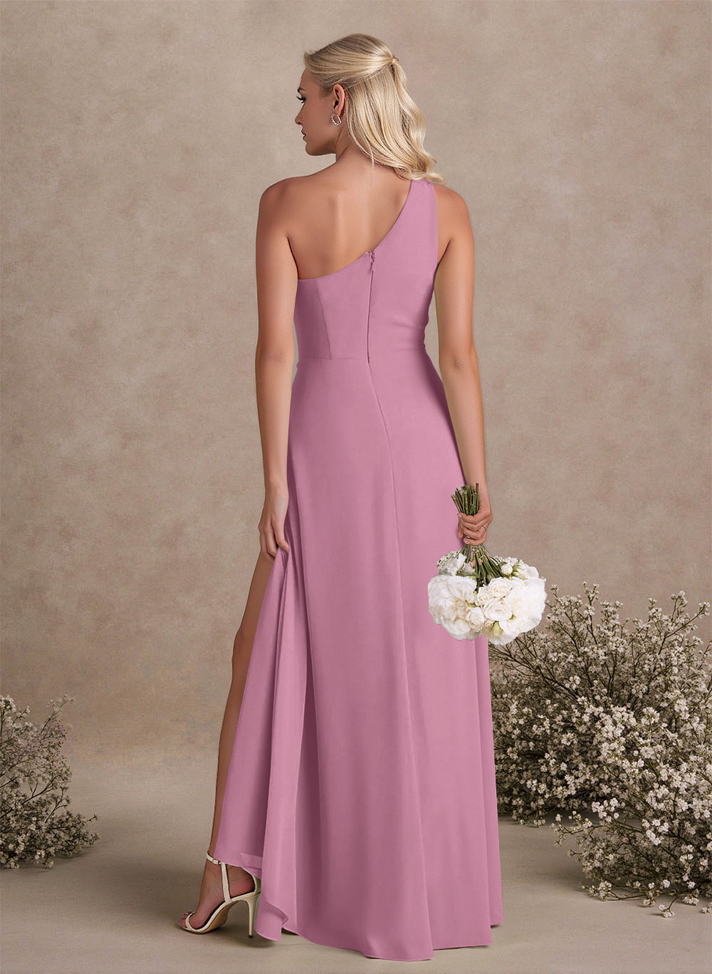 Modest One-Shoulder Sleeveless Chiffon Bridesmaid Dresses With Twisted Knot, product image 78