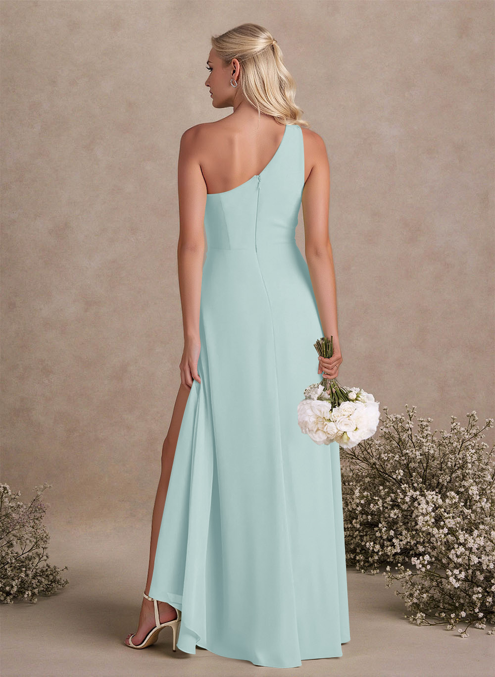 Modest One-Shoulder Sleeveless Chiffon Bridesmaid Dresses With Twisted Knot, product image 117