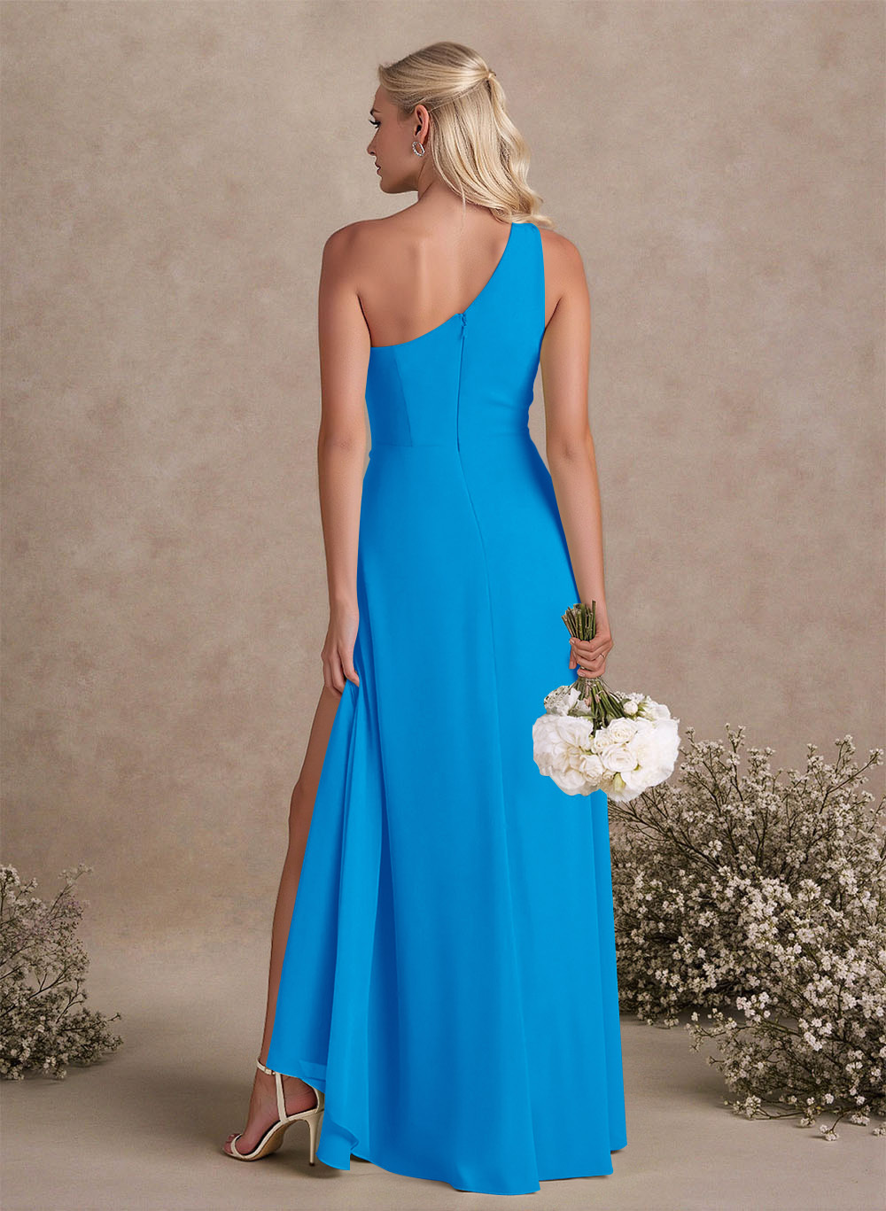Modest One-Shoulder Sleeveless Chiffon Bridesmaid Dresses With Twisted Knot, product image 125