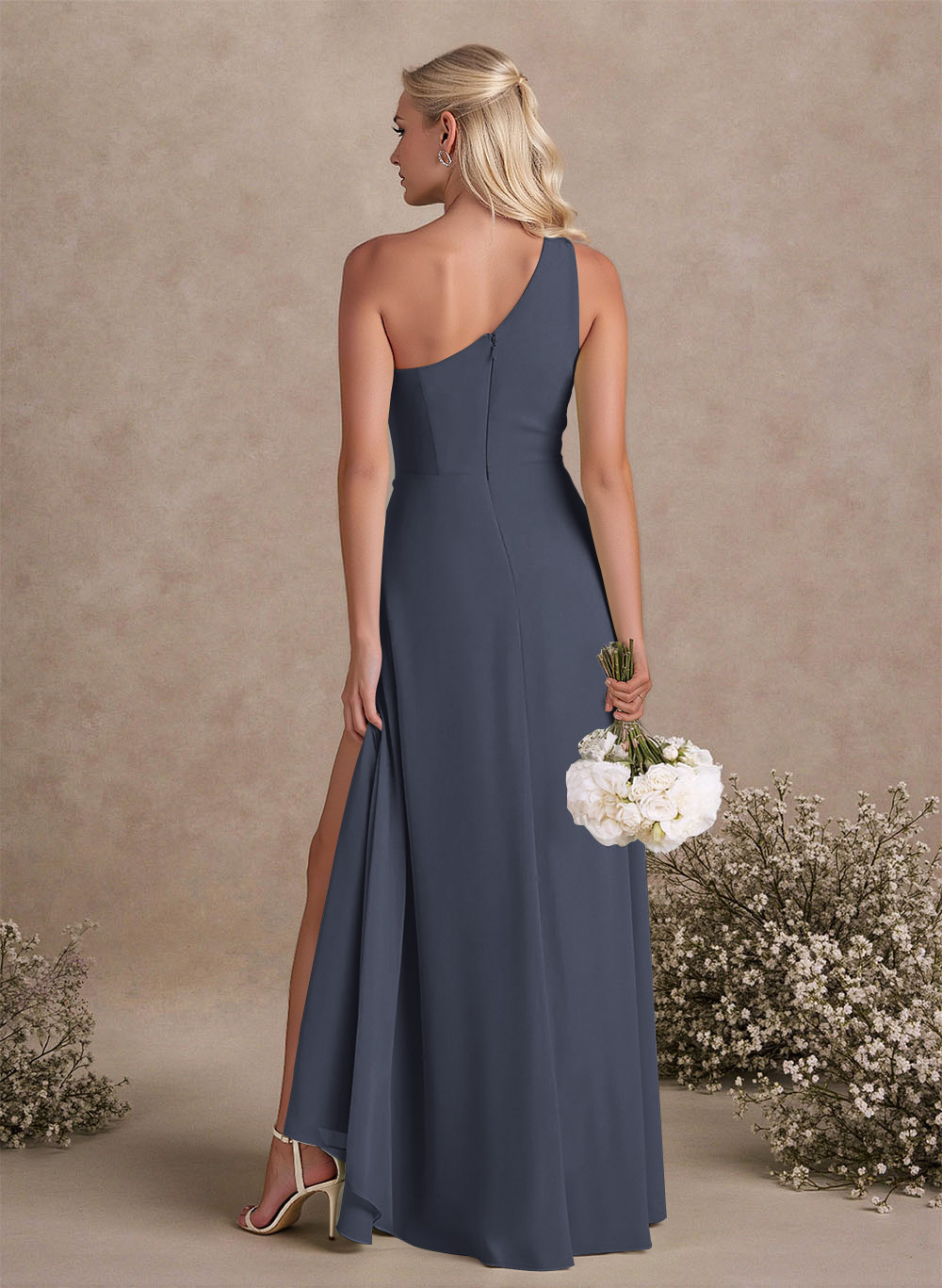Modest One-Shoulder Sleeveless Chiffon Bridesmaid Dresses With Twisted Knot, product image 131