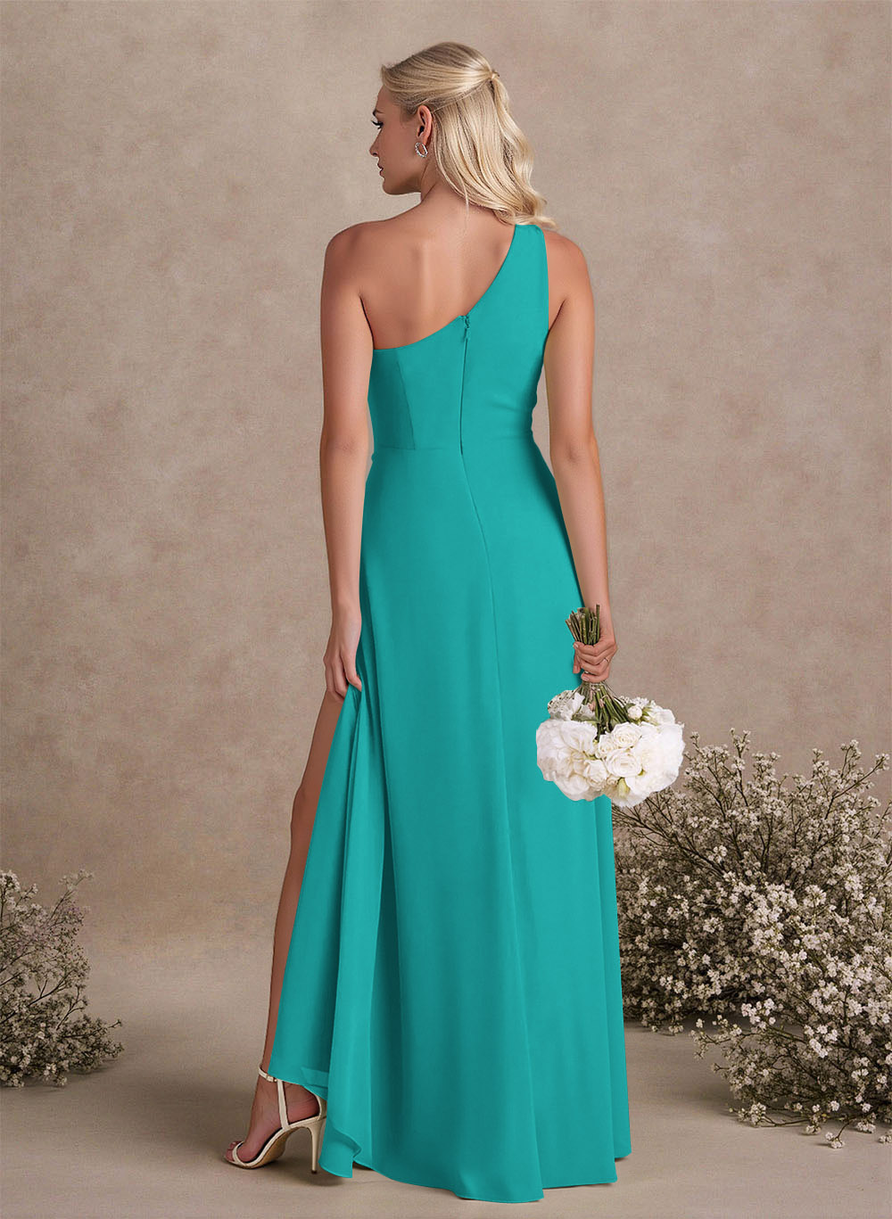 Modest One-Shoulder Sleeveless Chiffon Bridesmaid Dresses With Twisted Knot, product image 4