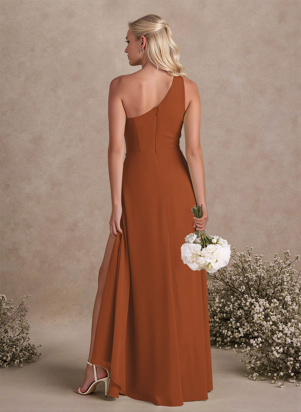 Modest One-Shoulder Sleeveless Chiffon Bridesmaid Dresses With Twisted Knot, product image 6