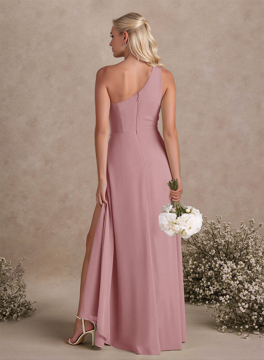 Modest One-Shoulder Sleeveless Chiffon Bridesmaid Dresses With Twisted Knot, product image 80