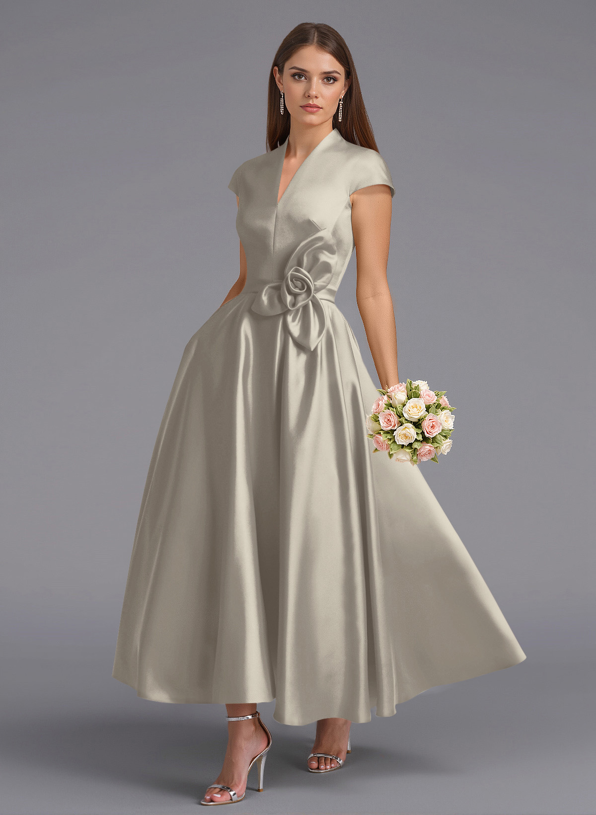 Classic V-Neck Short Sleeves Flower(s) A-Line Ankle-Length Satin Bridesmaid Dresses With Pockets, product image 20
