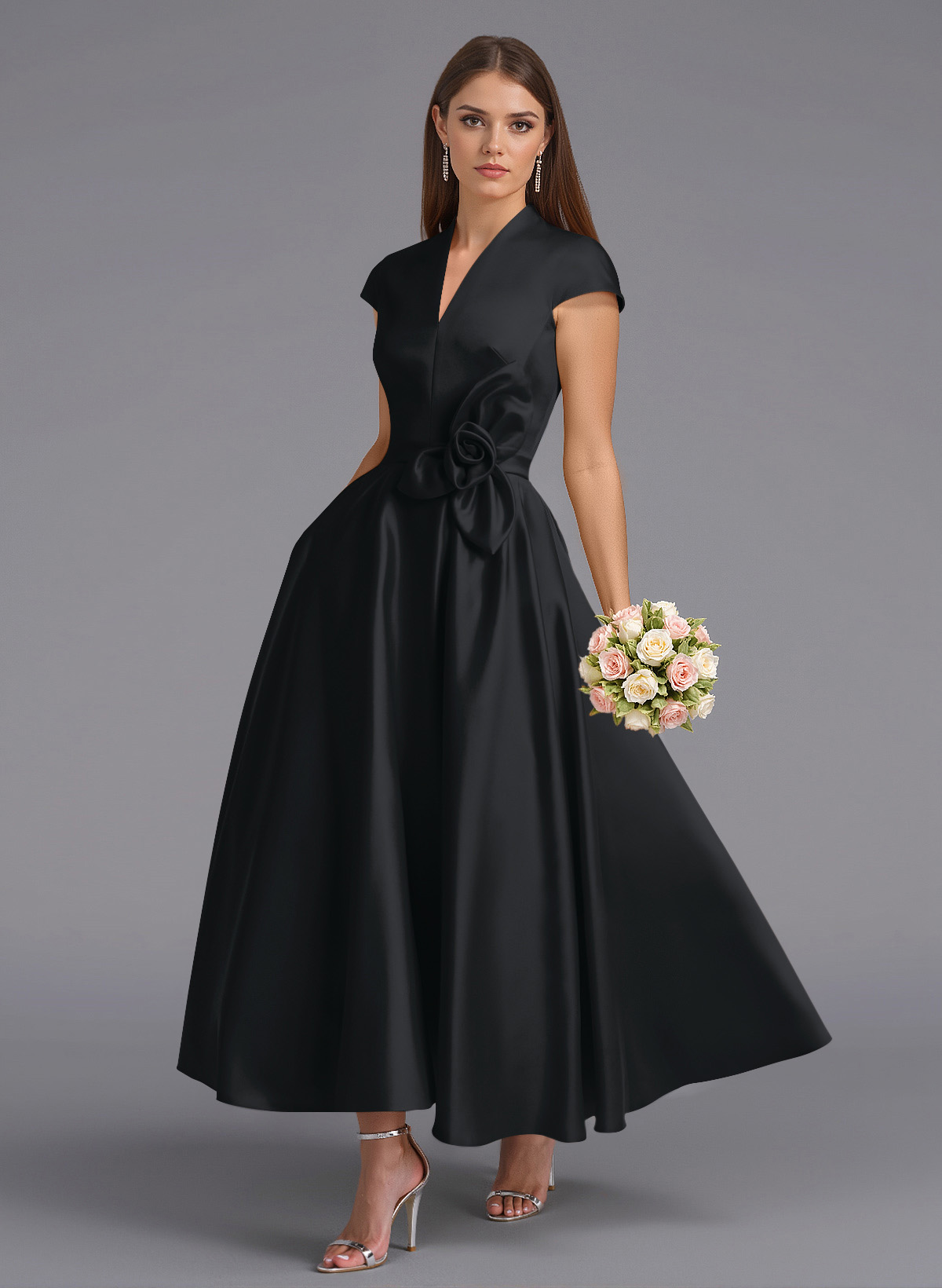 Classic V-Neck Short Sleeves Flower(s) A-Line Ankle-Length Satin Bridesmaid Dresses With Pockets, product image 28