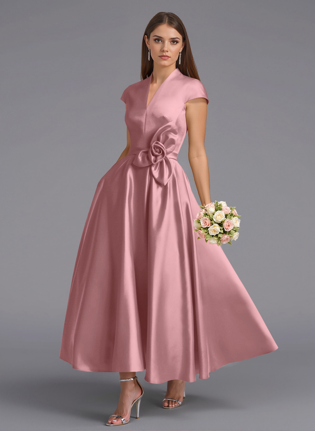 Classic V-Neck Short Sleeves Flower(s) A-Line Ankle-Length Satin Bridesmaid Dresses With Pockets, product image 98