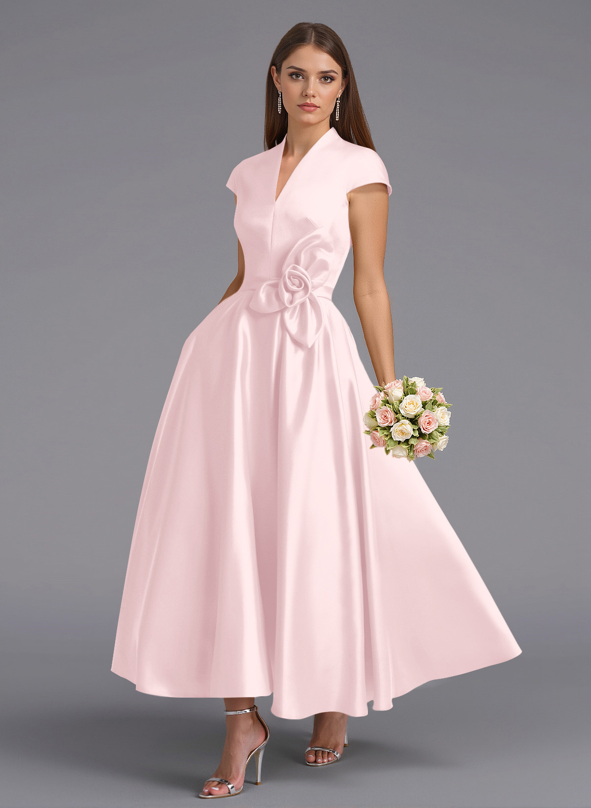 Classic V-Neck Short Sleeves Flower(s) A-Line Ankle-Length Satin Bridesmaid Dresses With Pockets, product image 92