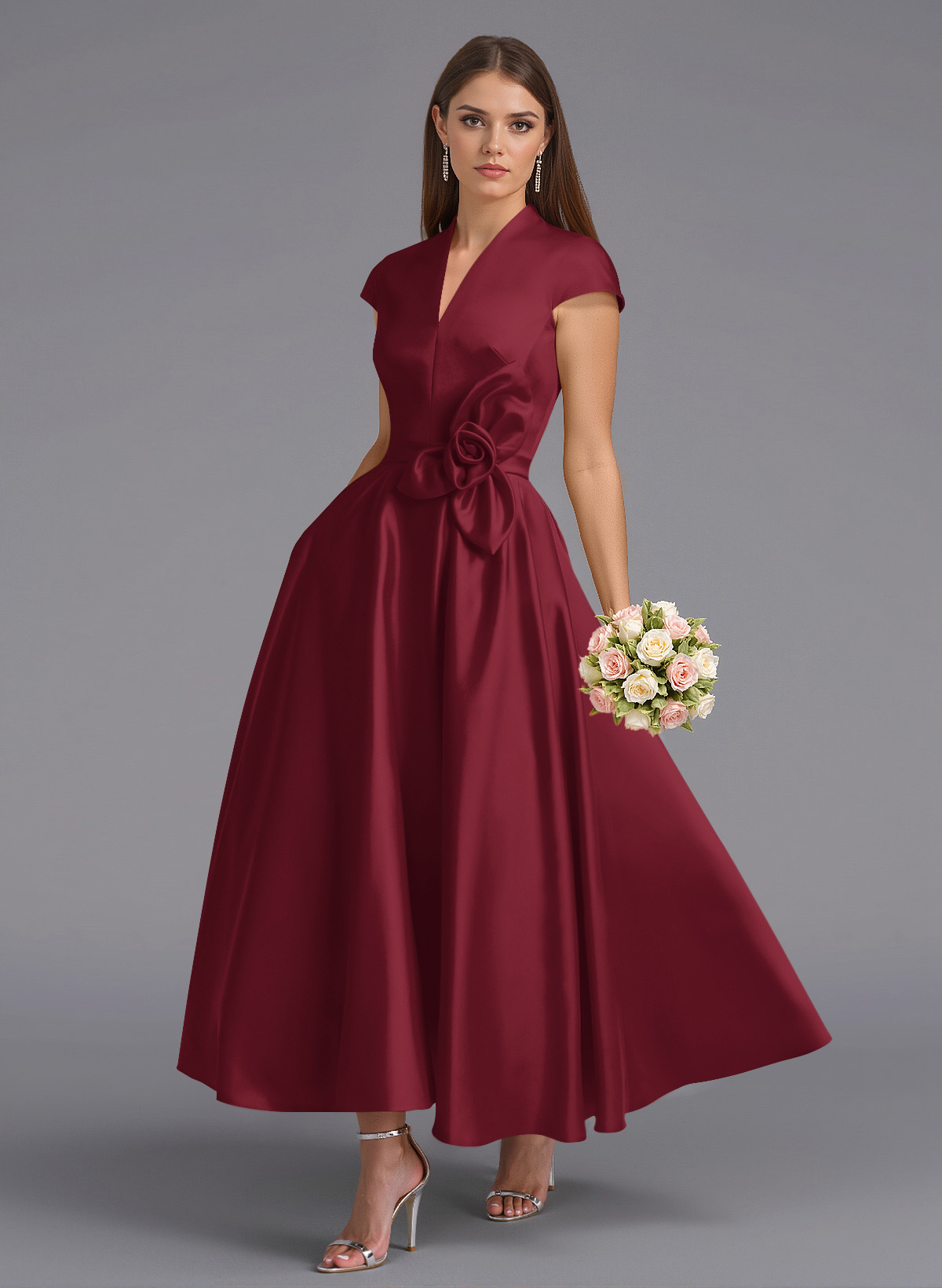 Classic V-Neck Short Sleeves Flower(s) A-Line Ankle-Length Satin Bridesmaid Dresses With Pockets, product image 114