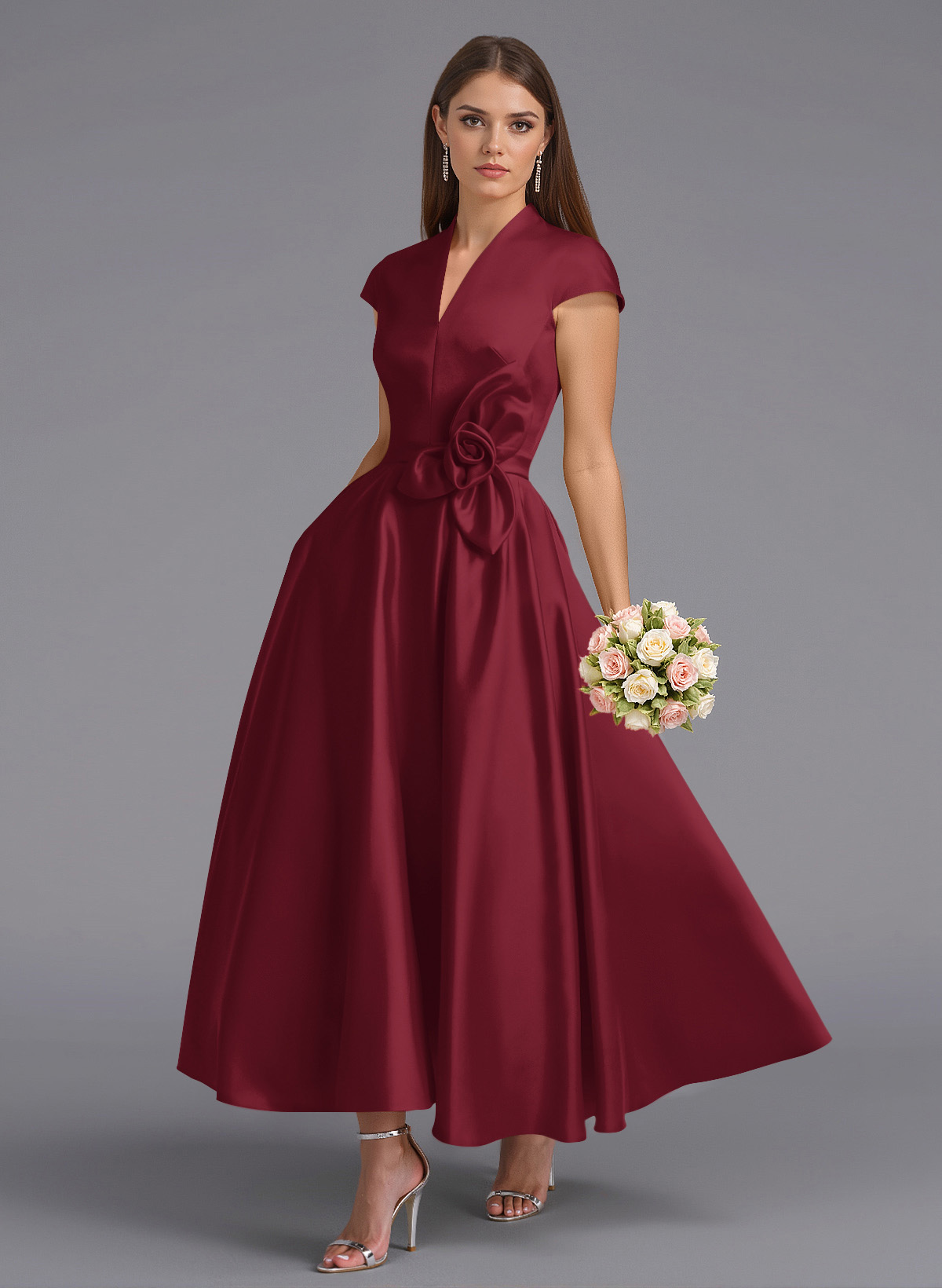 Classic V-Neck Short Sleeves Flower(s) A-Line Ankle-Length Satin Bridesmaid Dresses With Pockets, product image 114
