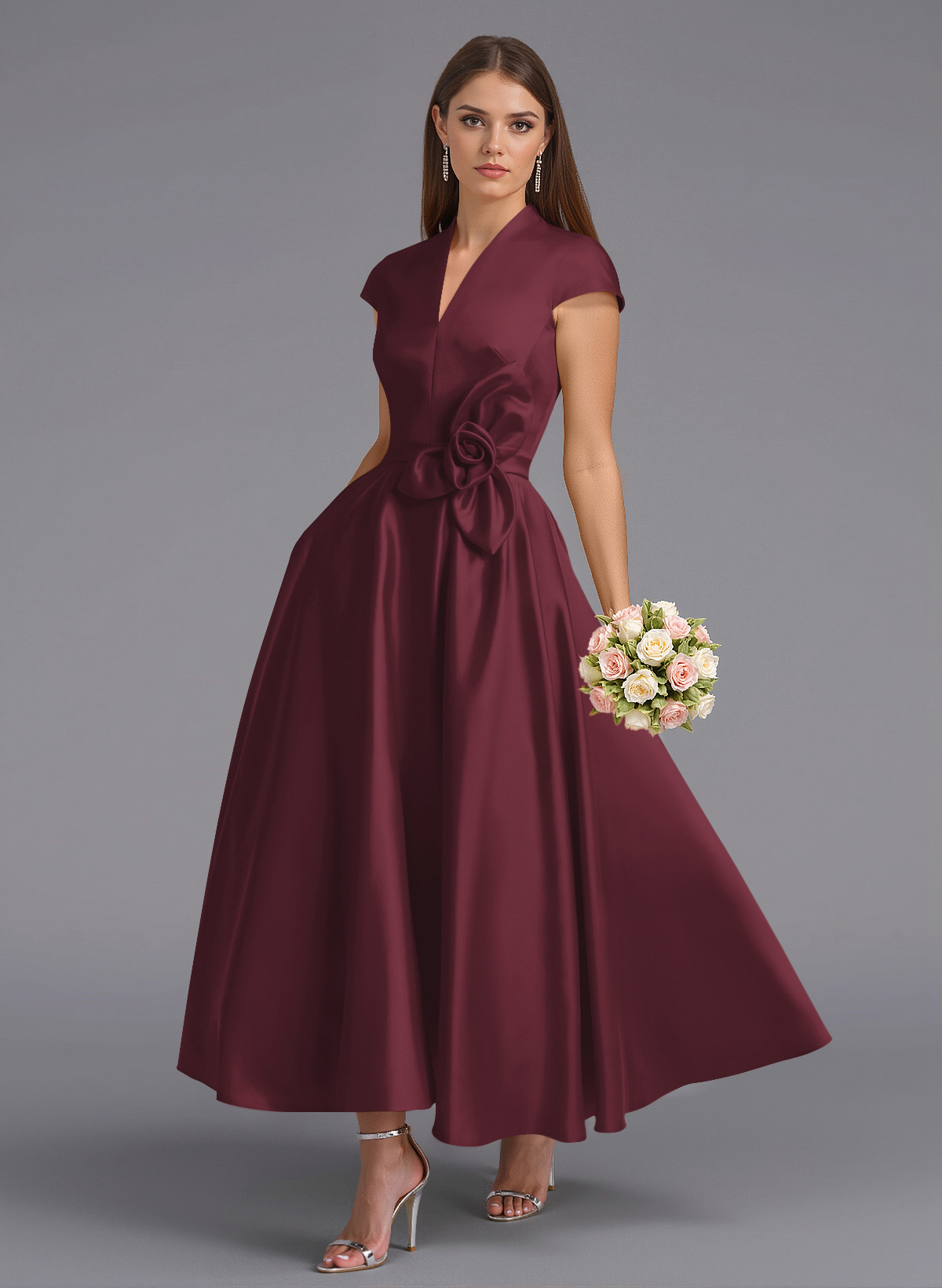 Classic V-Neck Short Sleeves Flower(s) A-Line Ankle-Length Satin Bridesmaid Dresses With Pockets, product image 116