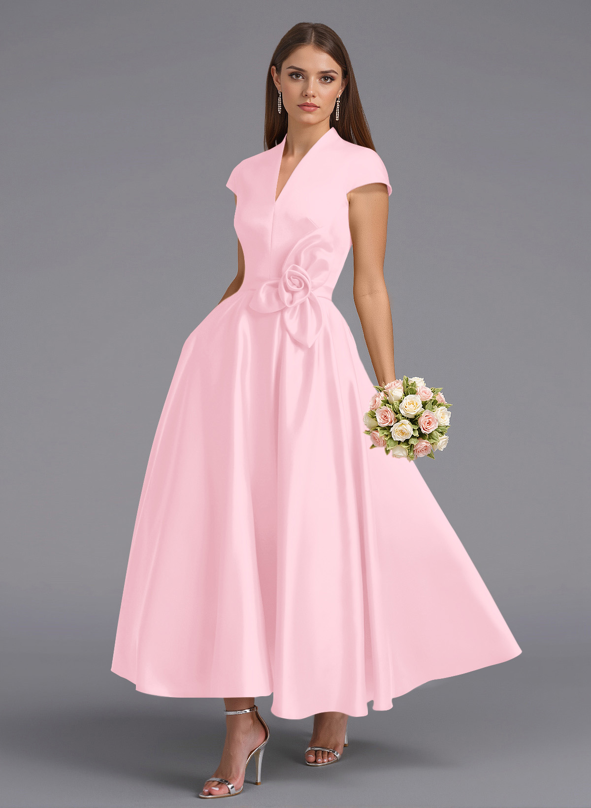 Classic V-Neck Short Sleeves Flower(s) A-Line Ankle-Length Satin Bridesmaid Dresses With Pockets, product image 90