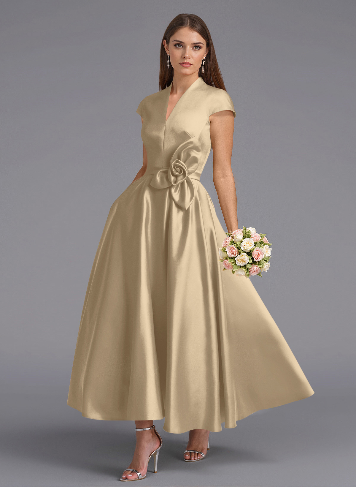 Classic V-Neck Short Sleeves Flower(s) A-Line Ankle-Length Satin Bridesmaid Dresses With Pockets, product image 50