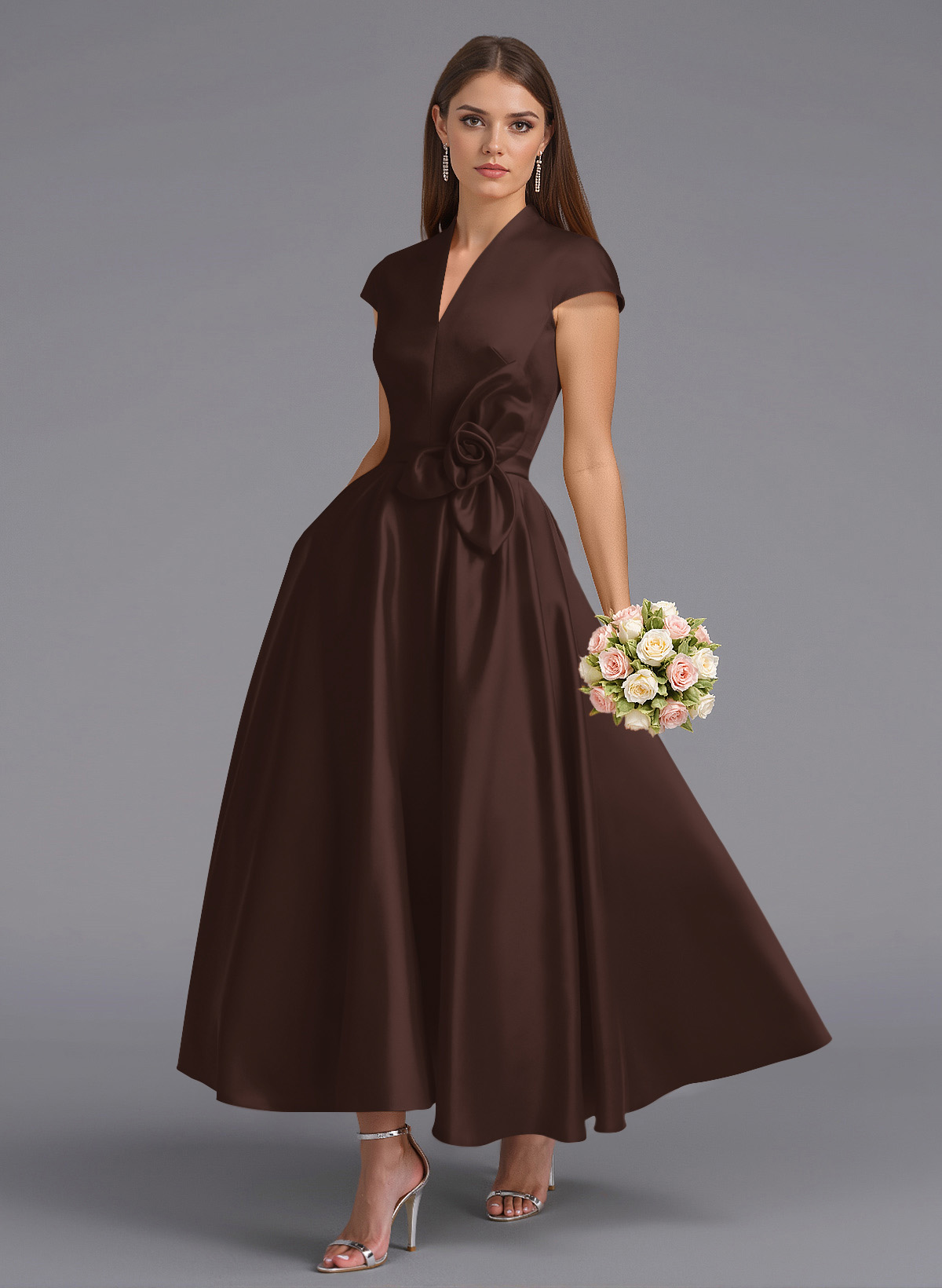Classic V-Neck Short Sleeves Flower(s) A-Line Ankle-Length Satin Bridesmaid Dresses With Pockets, product image 38