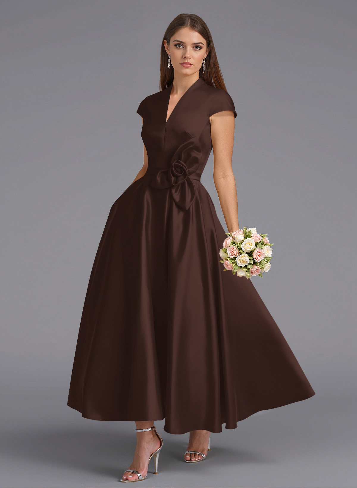 Classic V-Neck Short Sleeves Flower(s) A-Line Ankle-Length Satin Bridesmaid Dresses With Pockets, product image 38
