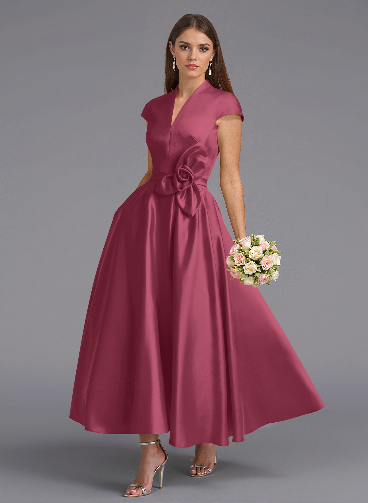 Classic V-Neck Short Sleeves Flower(s) A-Line Ankle-Length Satin Bridesmaid Dresses With Pockets, product image 112