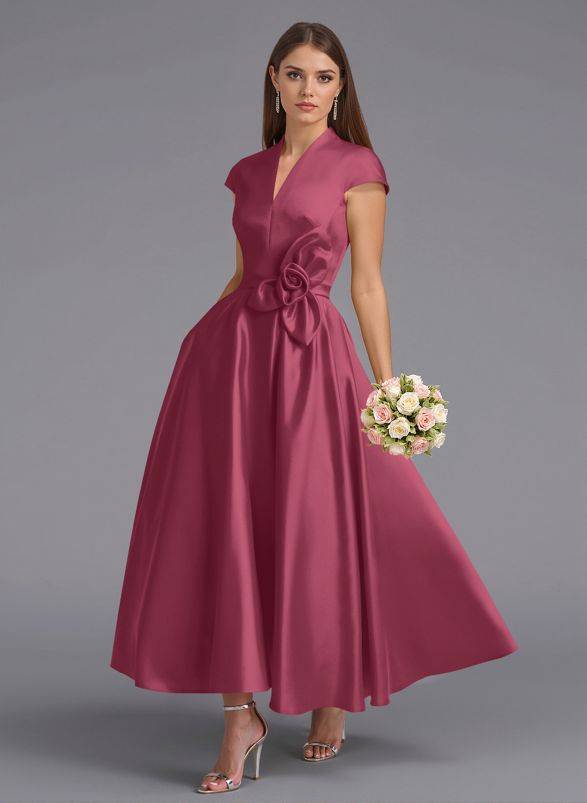 Classic V-Neck Short Sleeves Flower(s) A-Line Ankle-Length Satin Bridesmaid Dresses With Pockets, product image 112