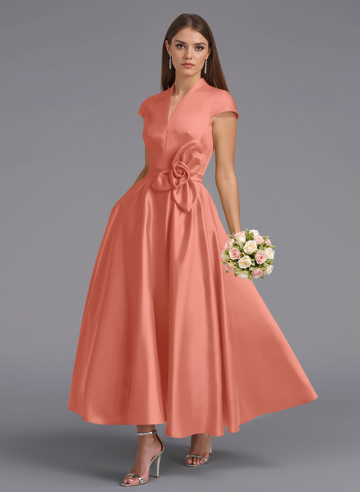 Classic V-Neck Short Sleeves Flower(s) A-Line Ankle-Length Satin Bridesmaid Dresses With Pockets, product image 94
