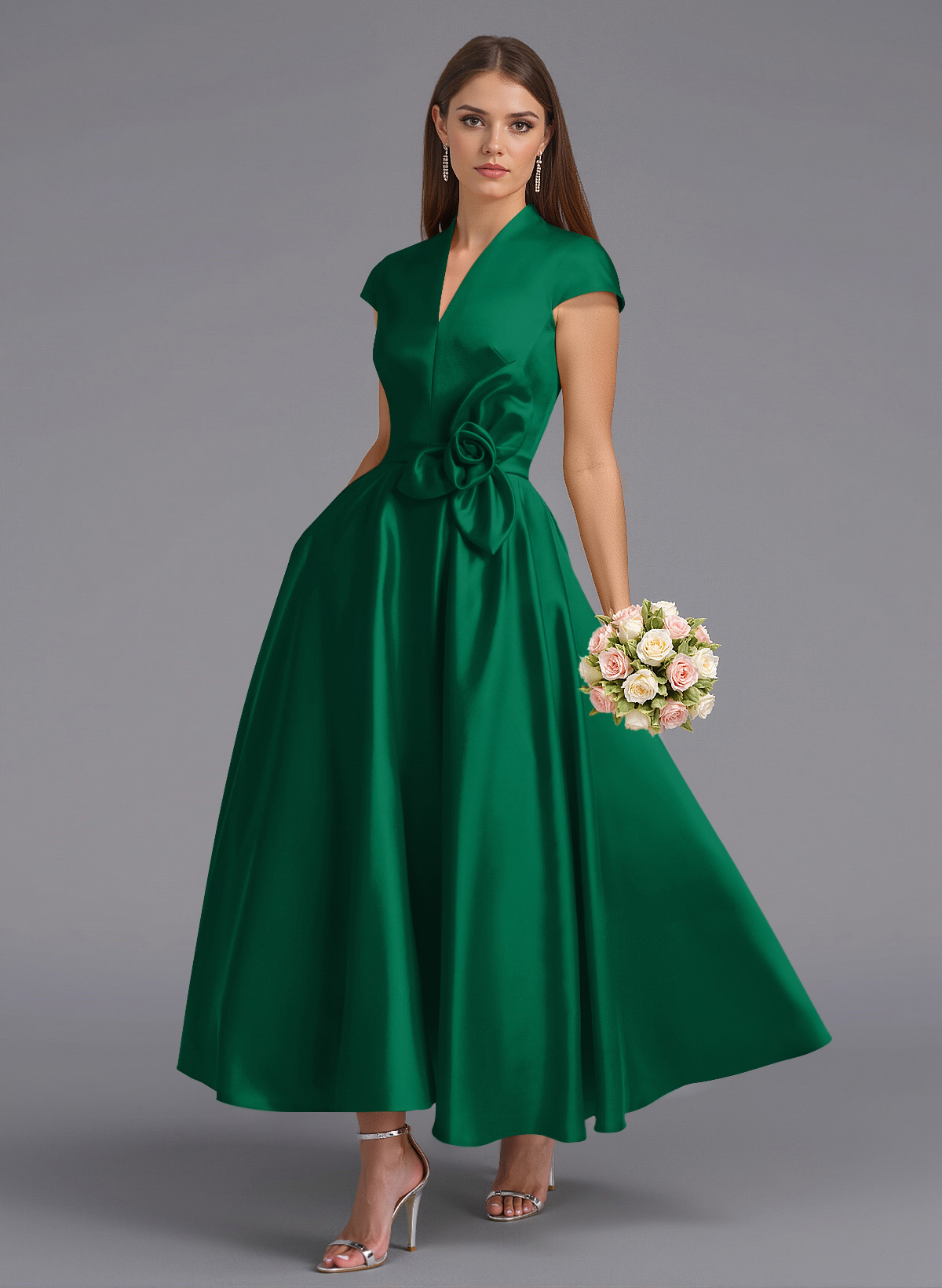 Classic V-Neck Short Sleeves Flower(s) A-Line Ankle-Length Satin Bridesmaid Dresses With Pockets, product image 66