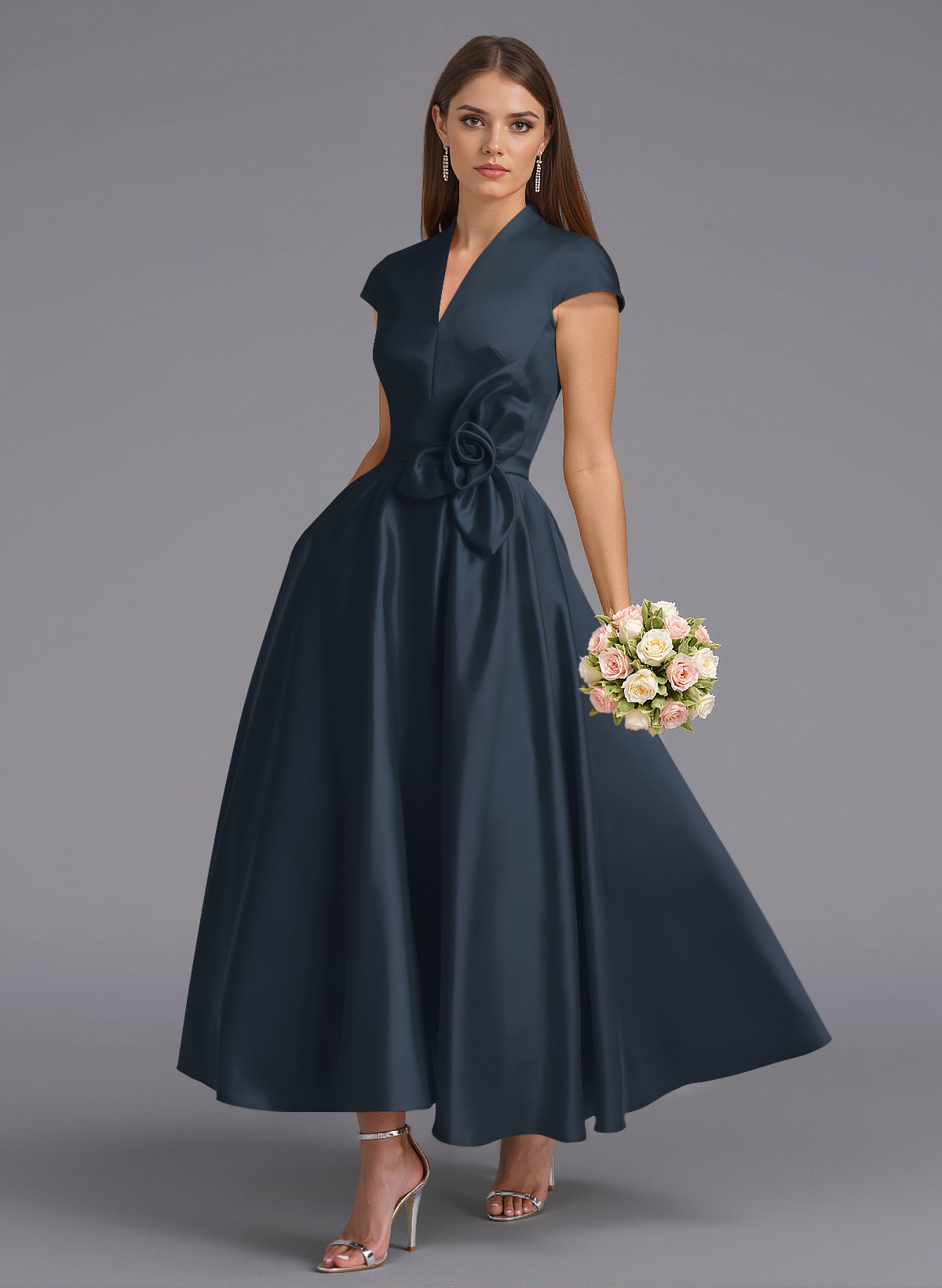 Classic V-Neck Short Sleeves Flower(s) A-Line Ankle-Length Satin Bridesmaid Dresses With Pockets, product image 140