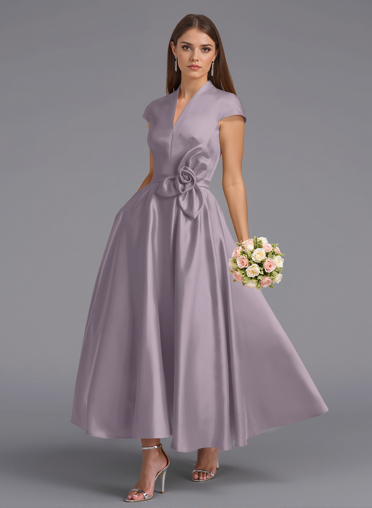Classic V-Neck Short Sleeves Flower(s) A-Line Ankle-Length Satin Bridesmaid Dresses With Pockets, product image 88