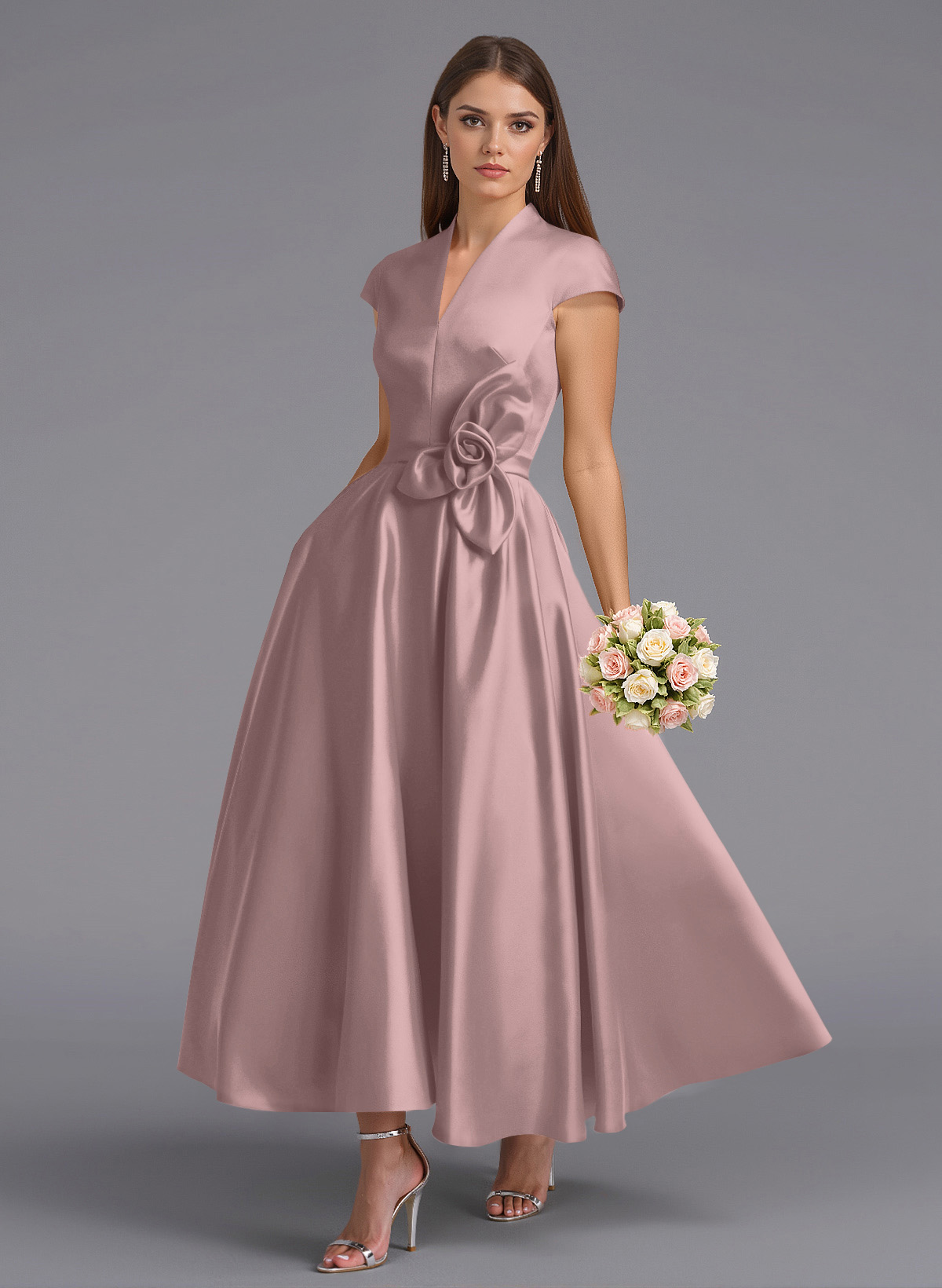 Classic V-Neck Short Sleeves Flower(s) A-Line Ankle-Length Satin Bridesmaid Dresses With Pockets, product image 102